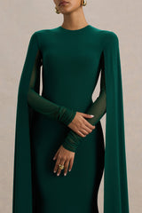 Isla | Bottle Green Crew-Neck Maxi Dress With Cape Sleeve