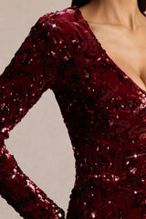 Ritz | Burgundy Sequin Plunge-Neck Mini Dress With Long Sleeves