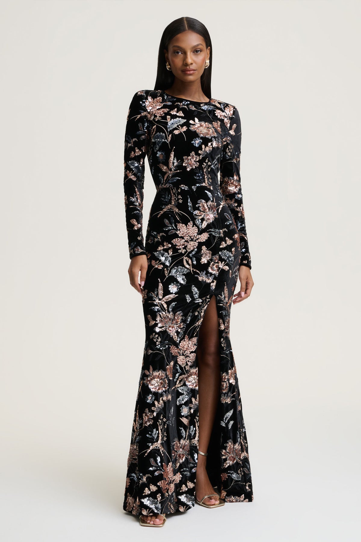 Lyric | Black Floral Velvet And Sequin Embellished Crew-Neck Maxi Dress