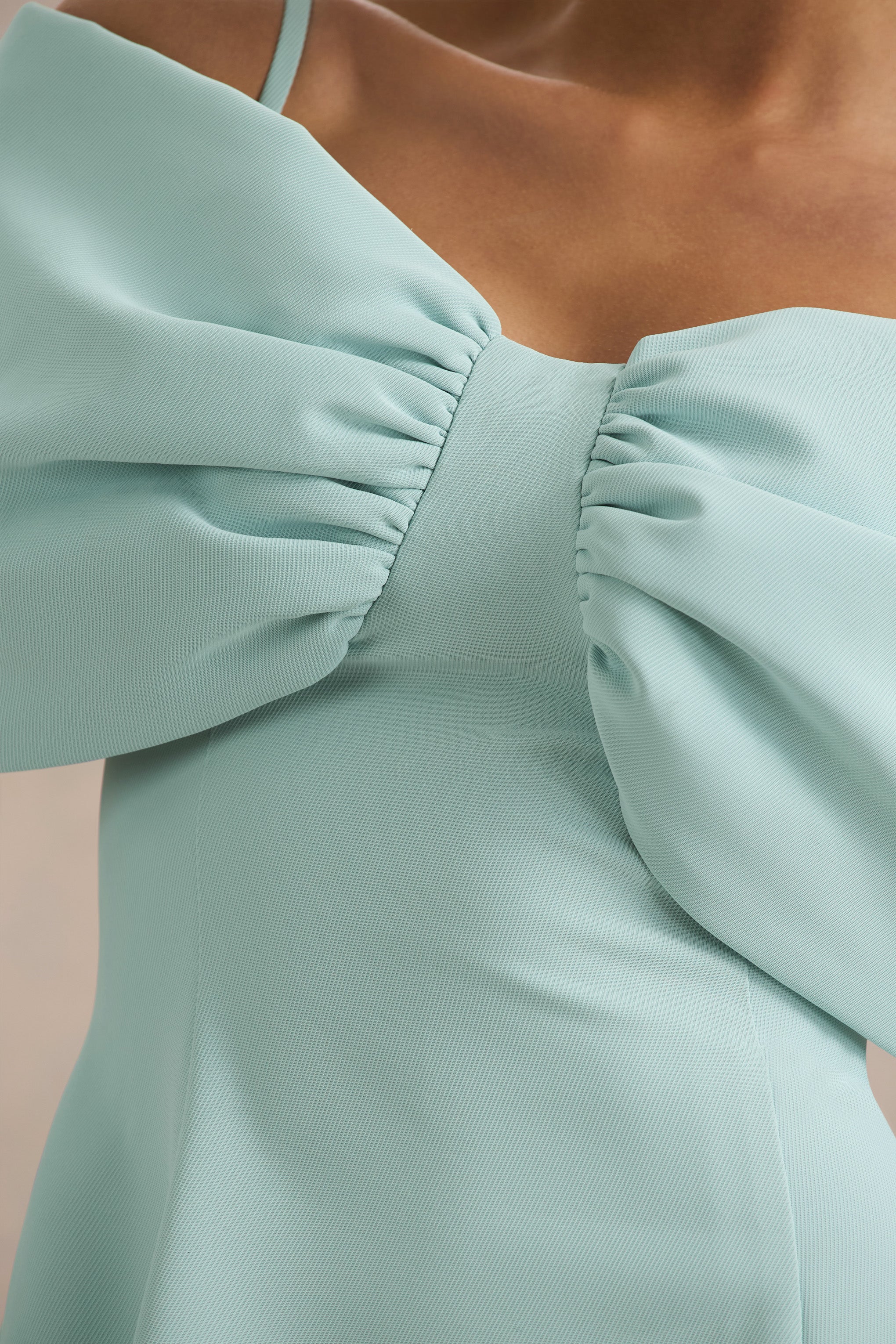 Faria | Light Blue Short-Sleeve Bardot Mini Dress With Bow Detail