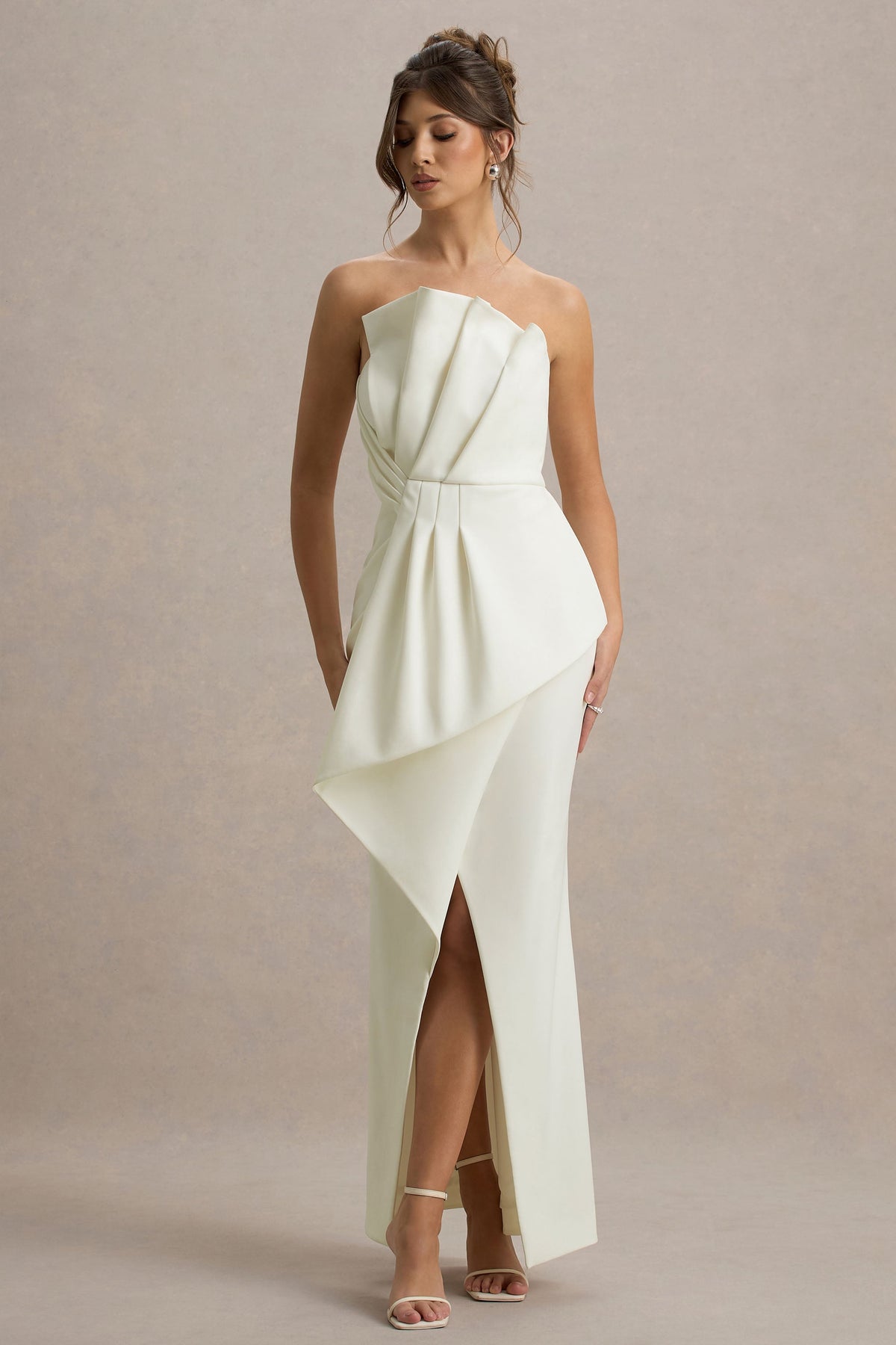 Dreamy Whispers | Cream Strapless Ruffle Split Maxi Dress