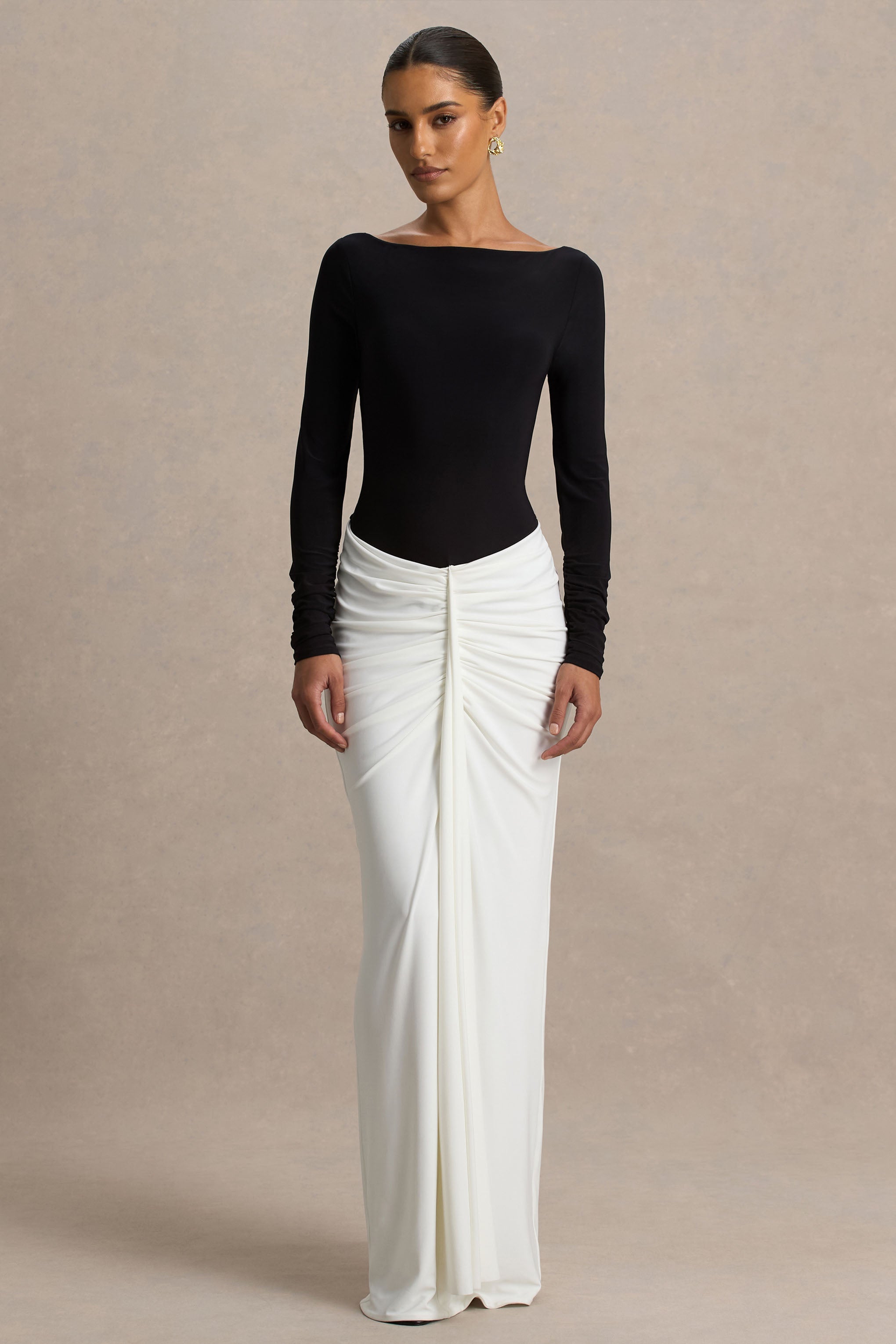 Matilda | Black And White Boat-Neck Maxi Dress With Ruched Detailing