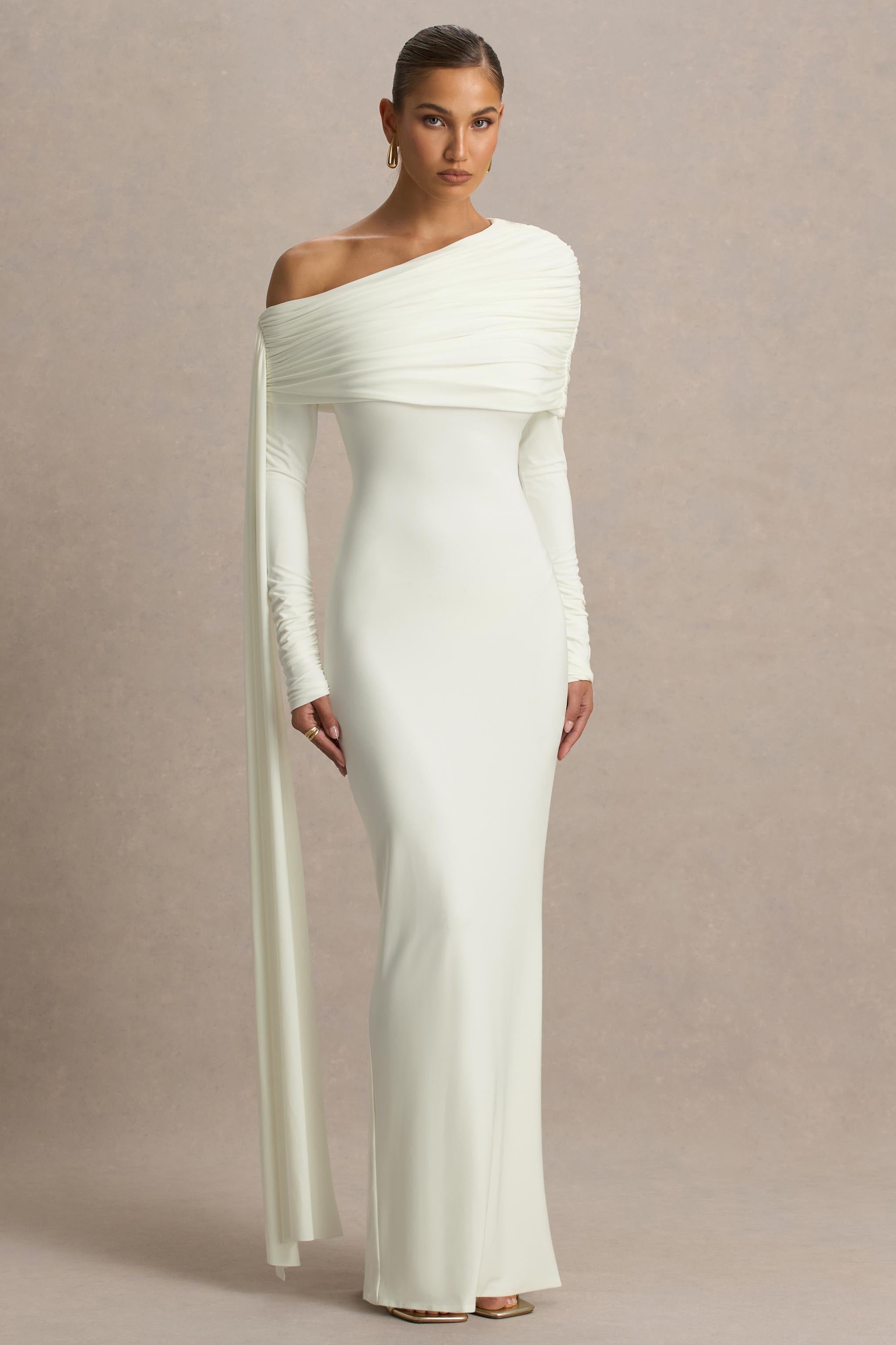 Octavia | Cream Bardot-Neck Maxi Dress With Sash And Ruched Detailing