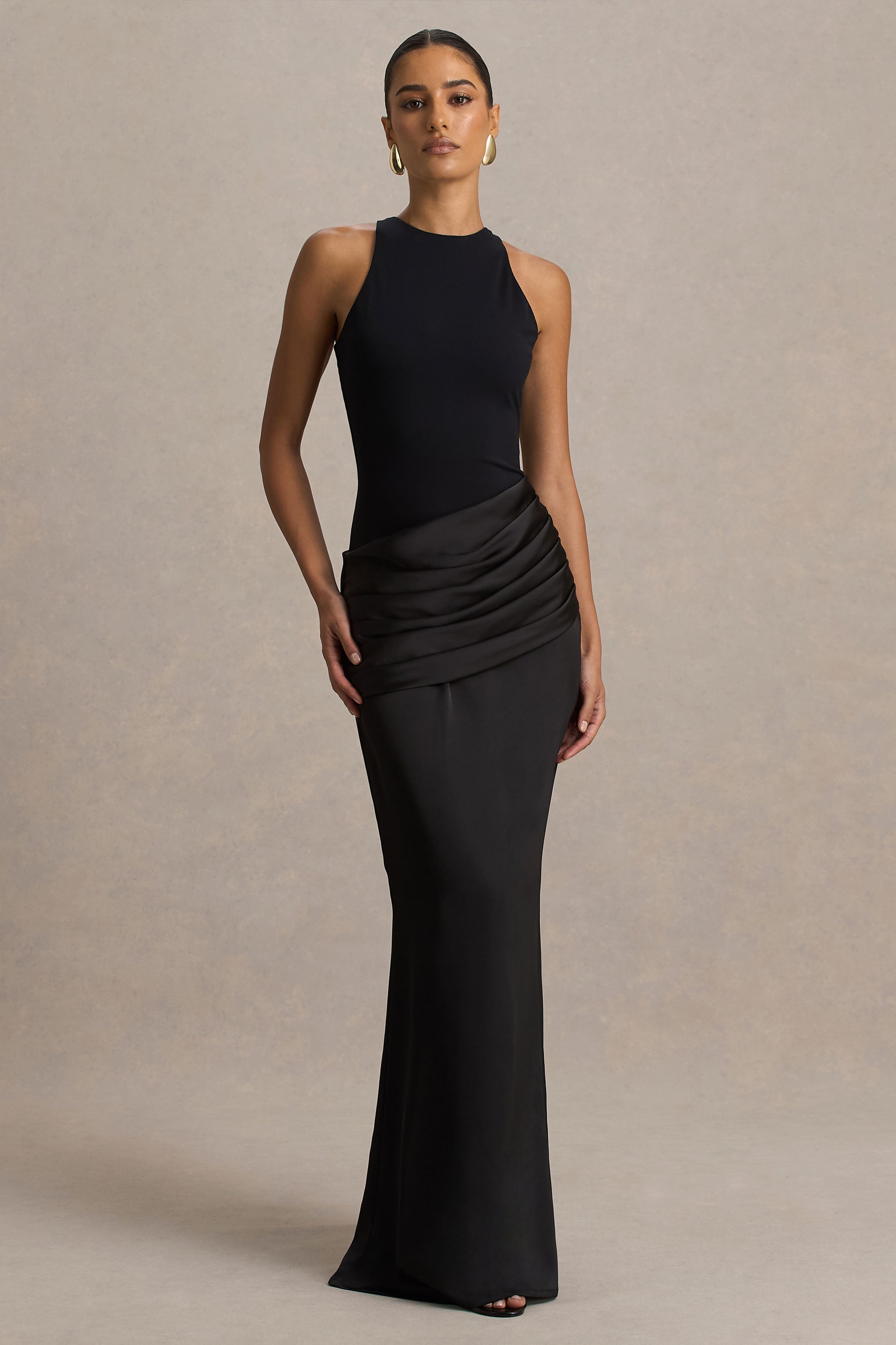 Akari | Black Crew-Neck Maxi Dress With Satin Skirt