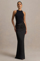 Akari | Black Crew-Neck Maxi Dress With Satin Skirt