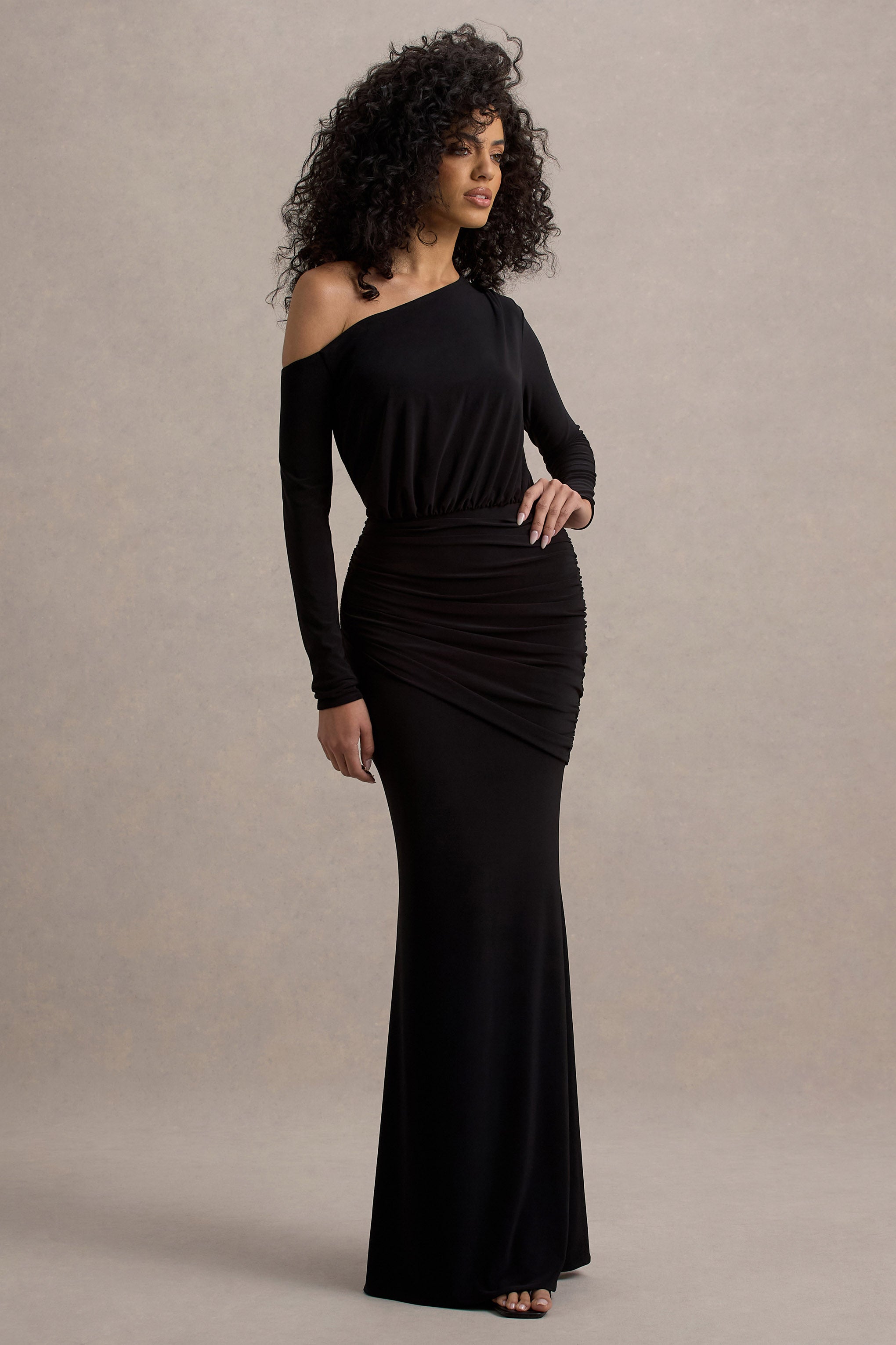 Deanna | Black Asymmetric Long-Sleeve Ruched Maxi Dress