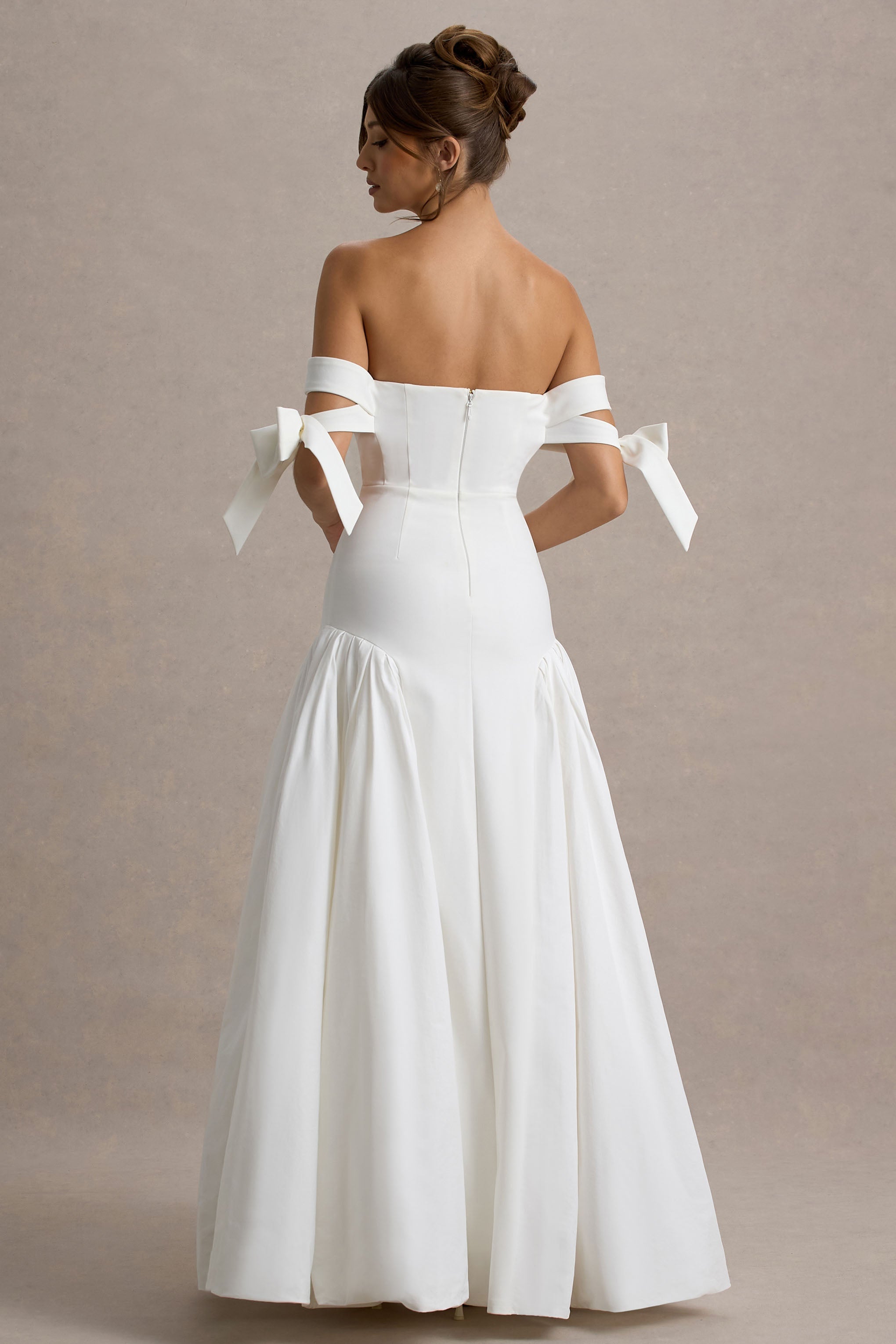 Ethel | White & Cream Bardot Maxi Dress With Volume Skirt