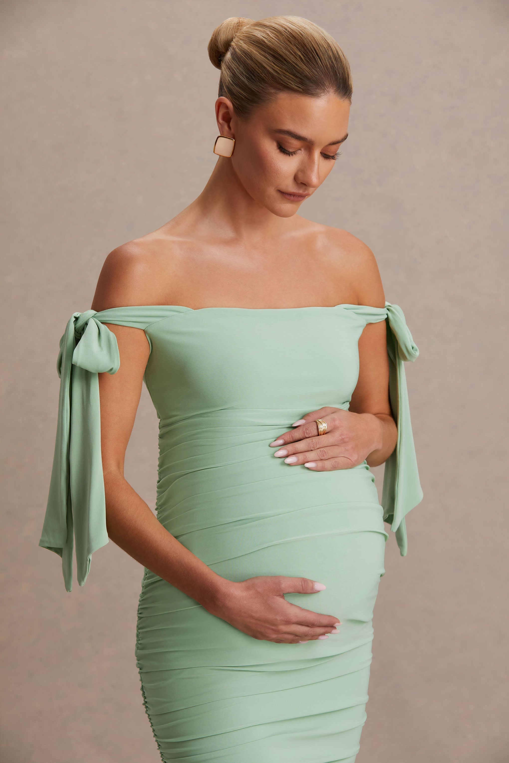 Chandelier | Light Green Bardot Maternity Midi Dress With Bow Details