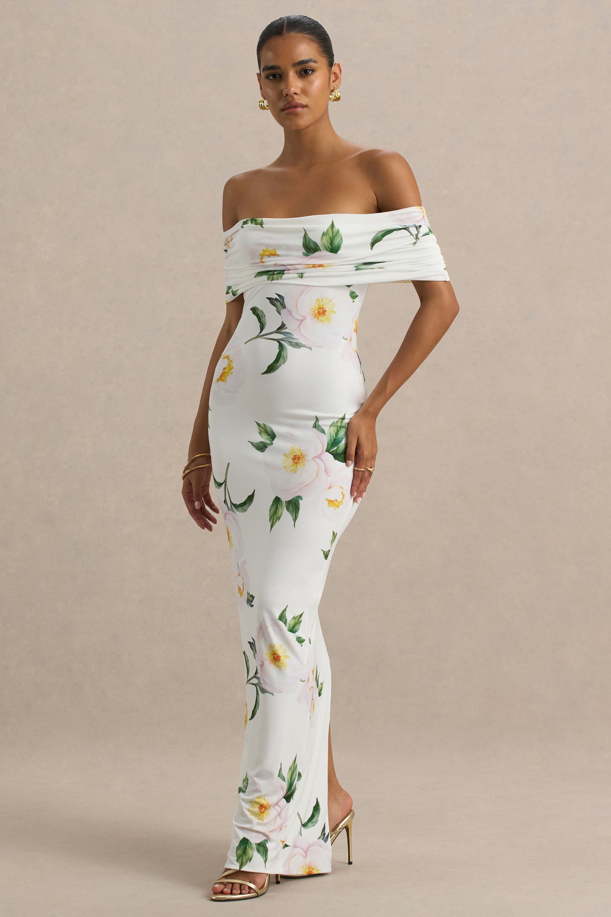 Capri | White Rose Print Bardot-Neck Maxi Dress With Ruched Detailing