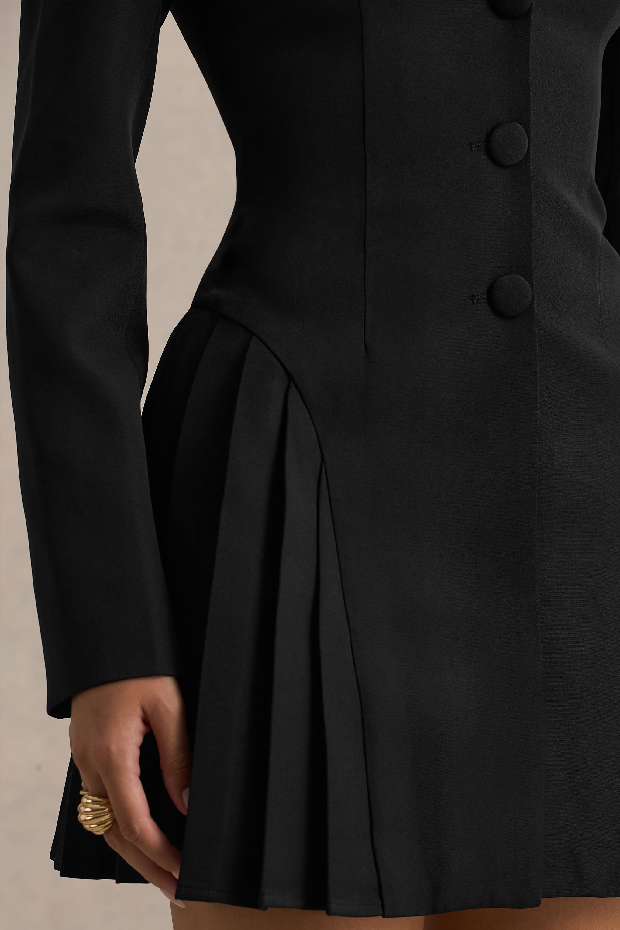 Blossoming | Black Plunge-Neck Tailored Mini Dress With Pleating