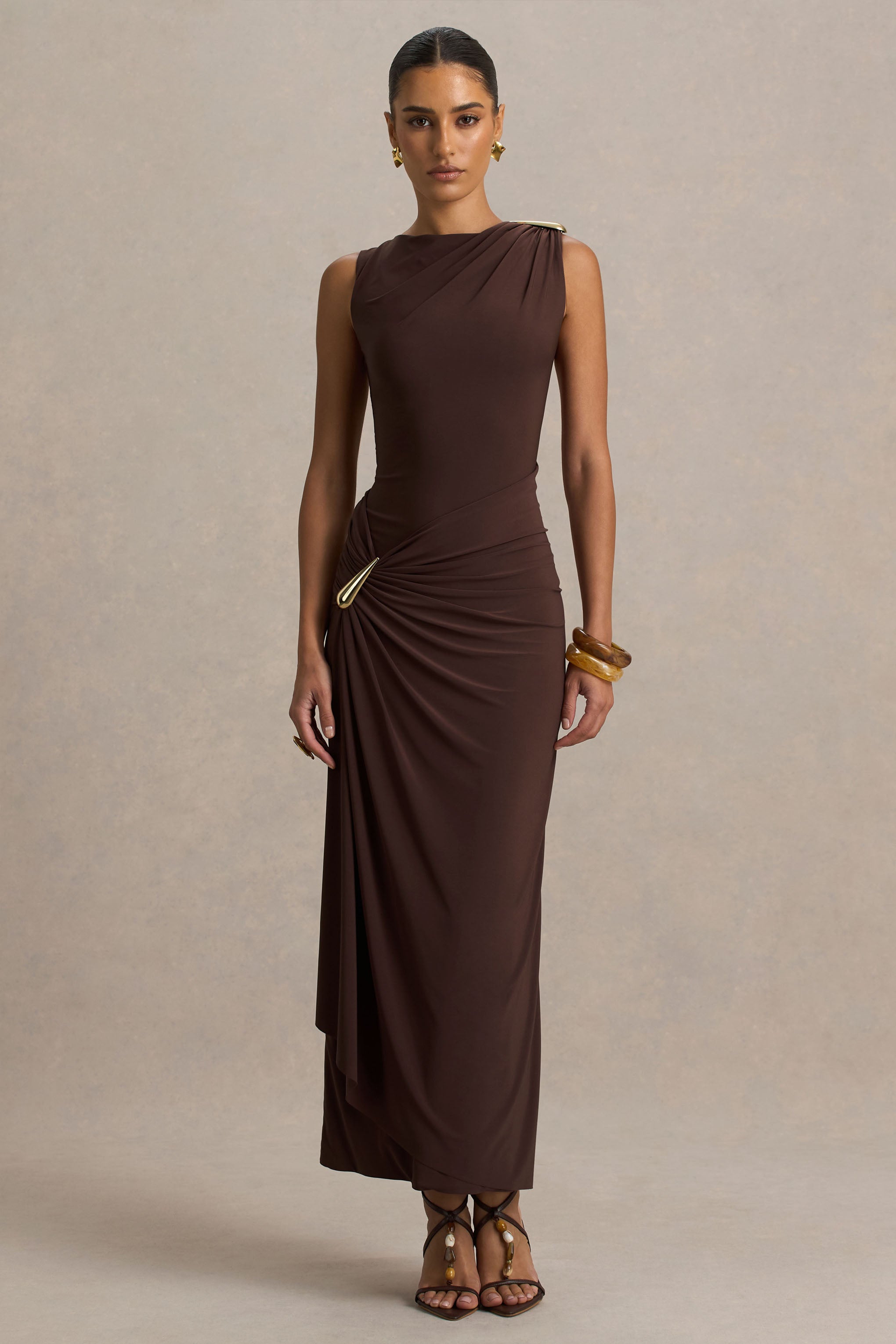 Fiora | Brown Wide-Neck Maxi Dress With Gathered Detail