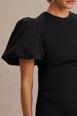 Luna | Black Crew-Neck Maternity Midi Dress With Puff-Sleeves