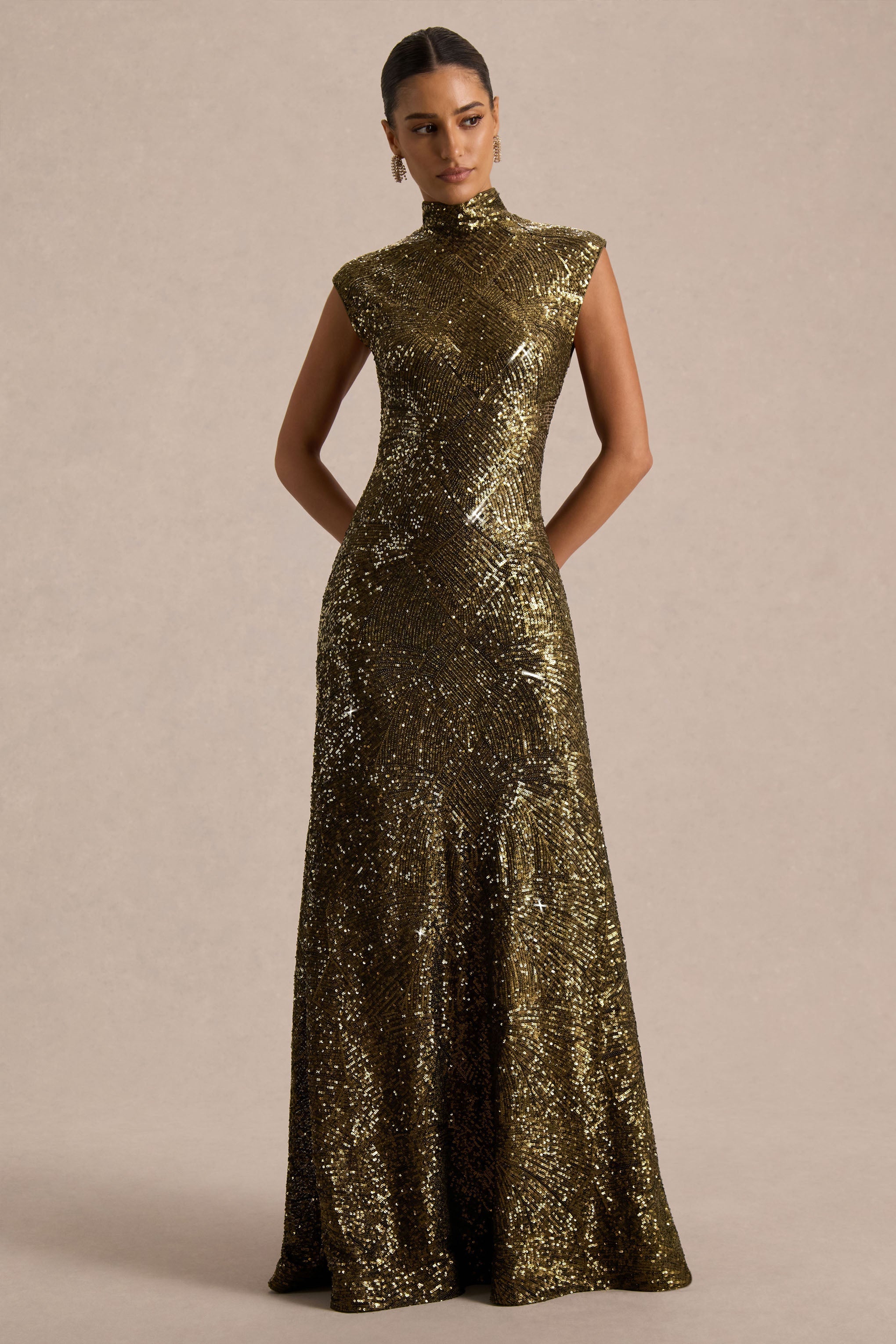 Cecy | Khaki Sequin High-Neck Maxi Dress With Cap Sleeves