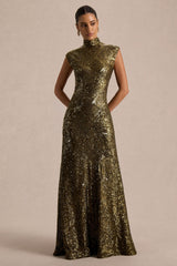 Cecy | Khaki Sequin High-Neck Maxi Dress With Cap Sleeves