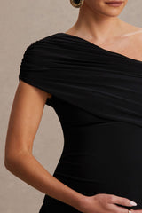 Noah | Black Asymmetric-Neck Maternity Maxi Dress With Drop-Waist