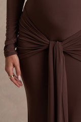 Aveny | Brown Crew-Neck Maternity Maxi Dress With Ruched-Detailing And Sash