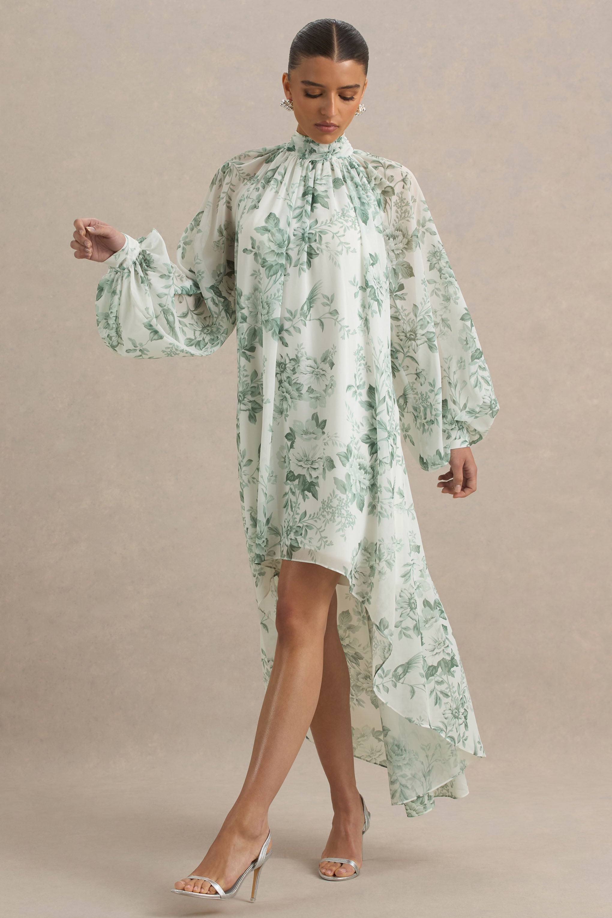 Delphia | Green Floral Print High-Neck Maxi Dress