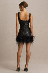 Rosalinda | Black Sequin Square-Neck Mini Dress With Feather Trim