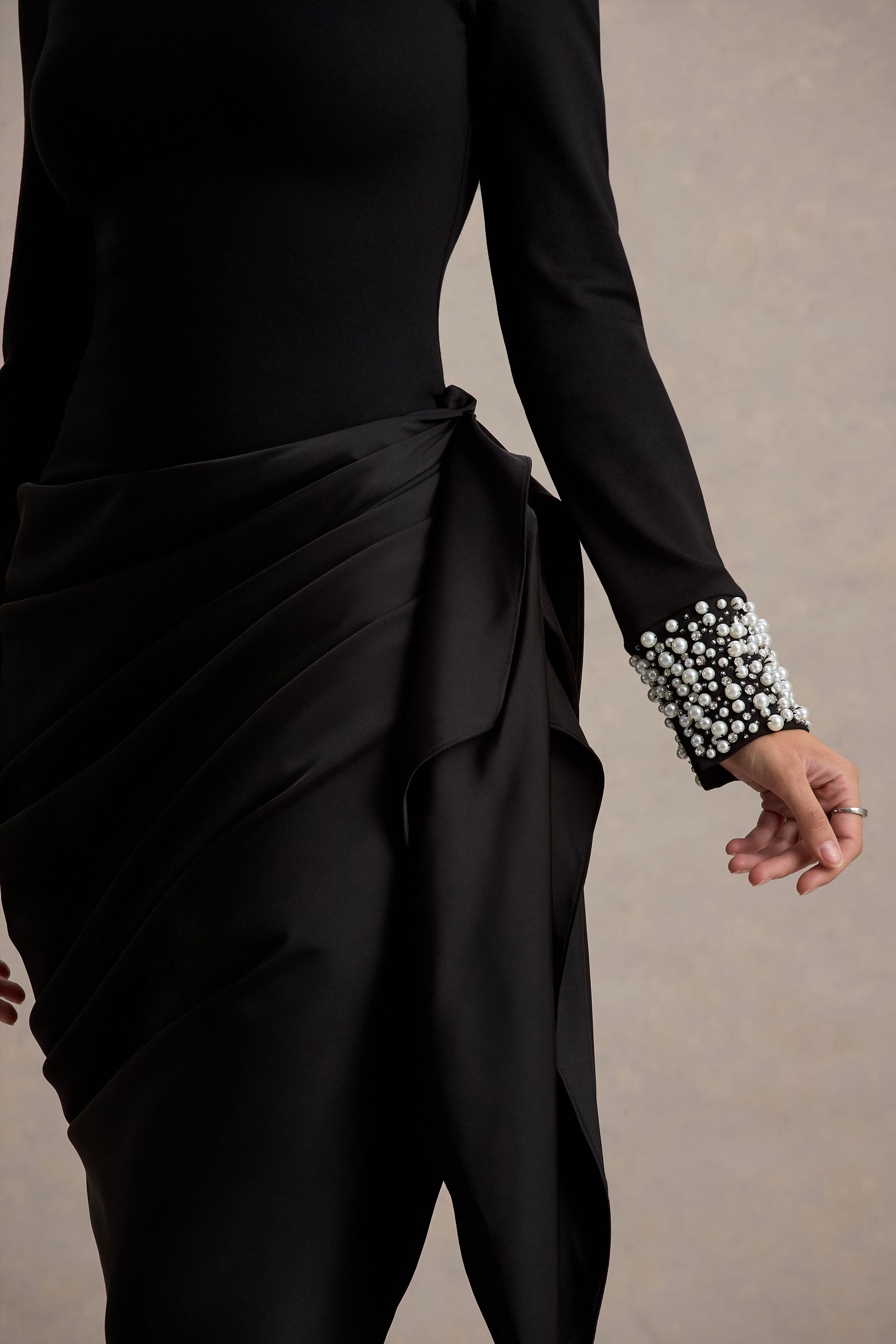 Luanna | Black Satin Long-Sleeve Midi Dress With Draped Skirt And Embellised Cuffs