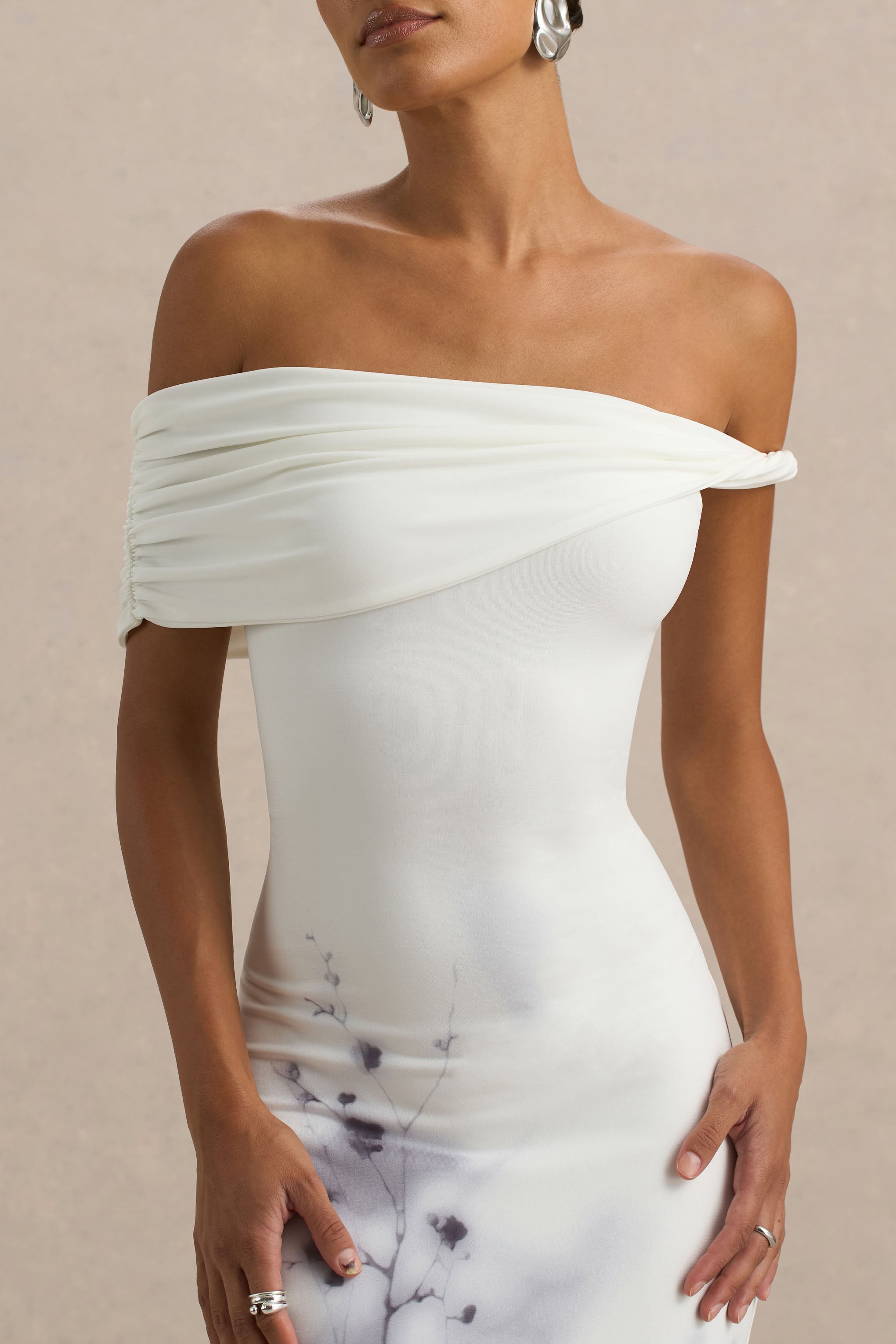 Sachi | White Print Twisted Bardot Maxi Dress