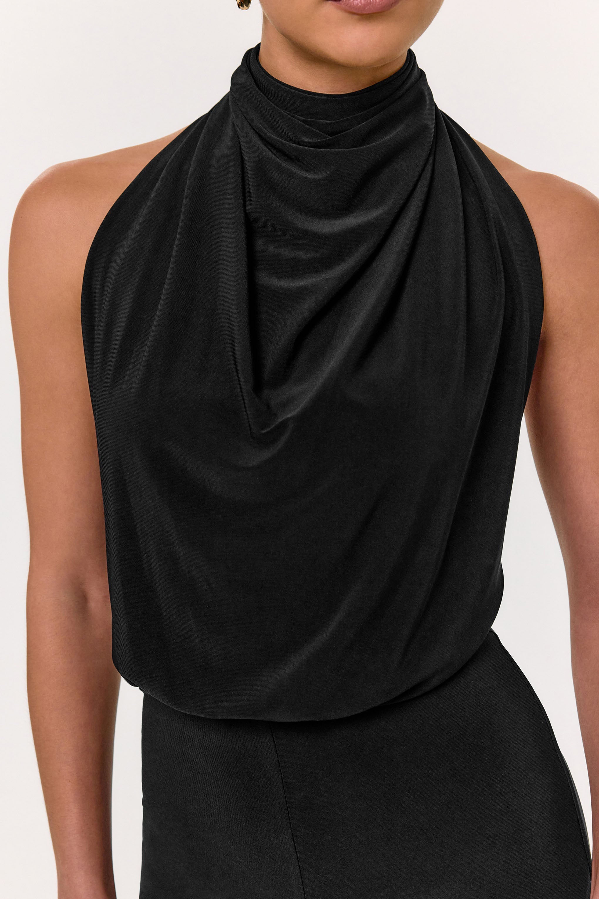 Asha | Black High-Neck Jumpsuit With Ruched Detail