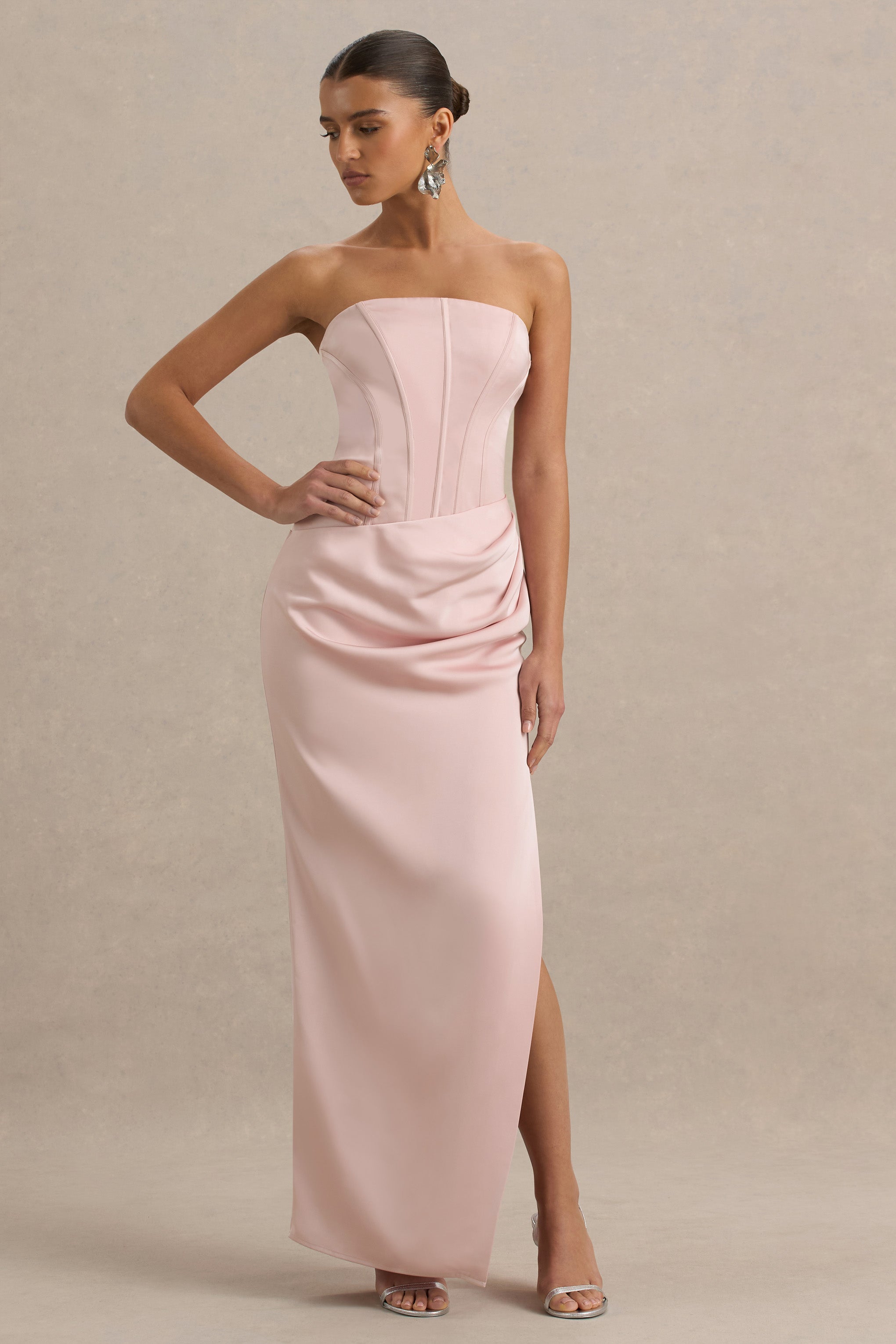 Joseline | Pale Pink Satin Corset Wrap Maxi Dress With Scarf