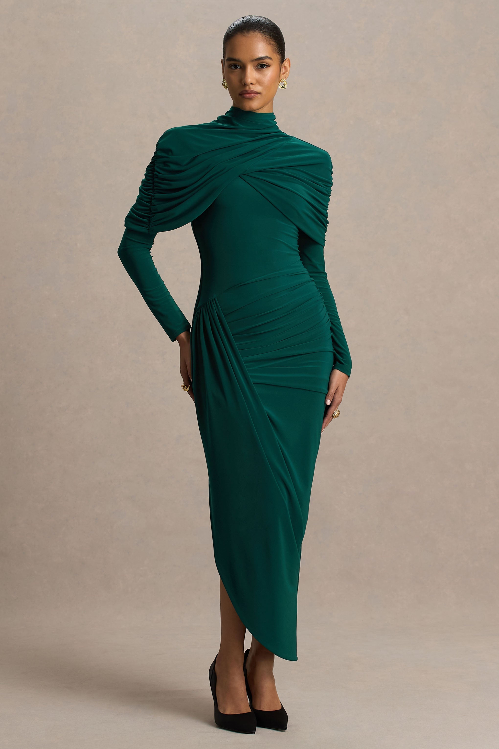 Aneira | Bottle Green High-Neck Maxi Dress With Cape Sleeves