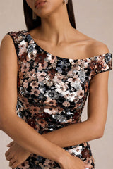 Electric | Black Velvet & Embellished Sequin Floral Asymmetric-Neck Maxi Dress