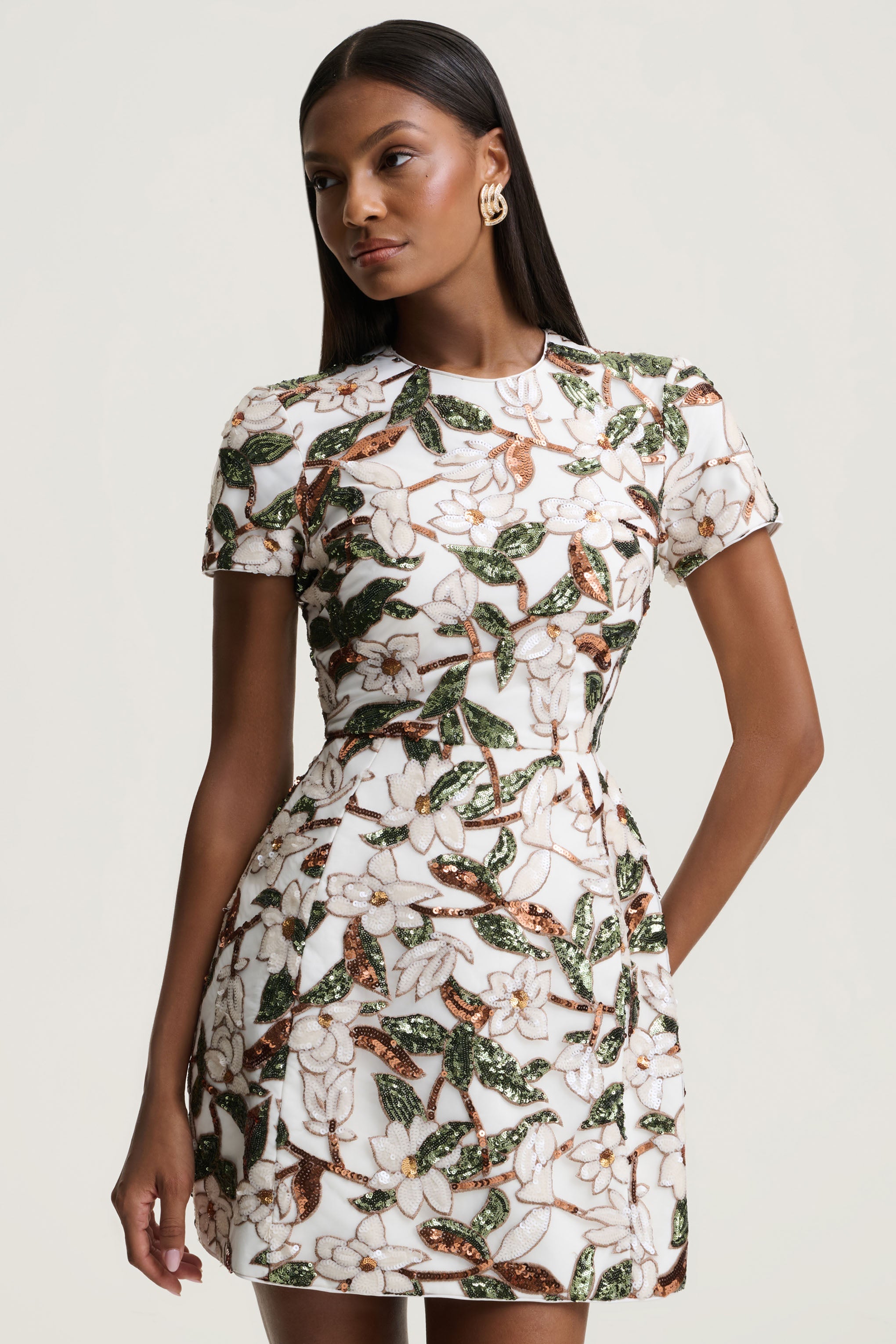 Ophelia | White And Green Embellished Sequin Floral And Mesh Mini Dress With Short Sleeves