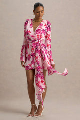 Goldie | Pink Floral Print Chiffon Long-Sleeve Wrap Mini Dress