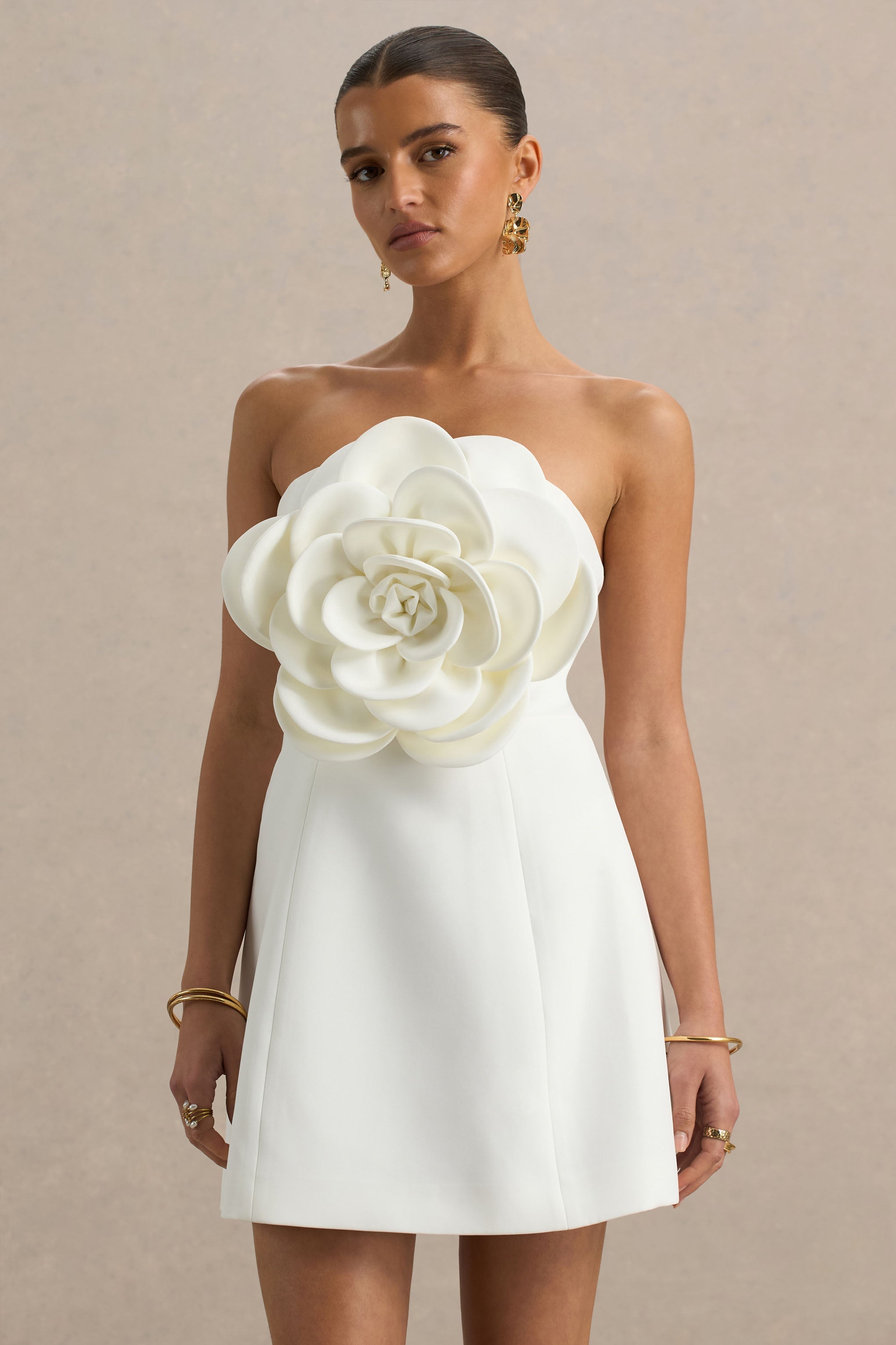 Daffodil | White Bandeau Mini Dress With Large Floral Corsage