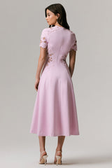 So Sweet | Pink Crew-Neck Midi Dress With Cut-Out Embroidered Detailing