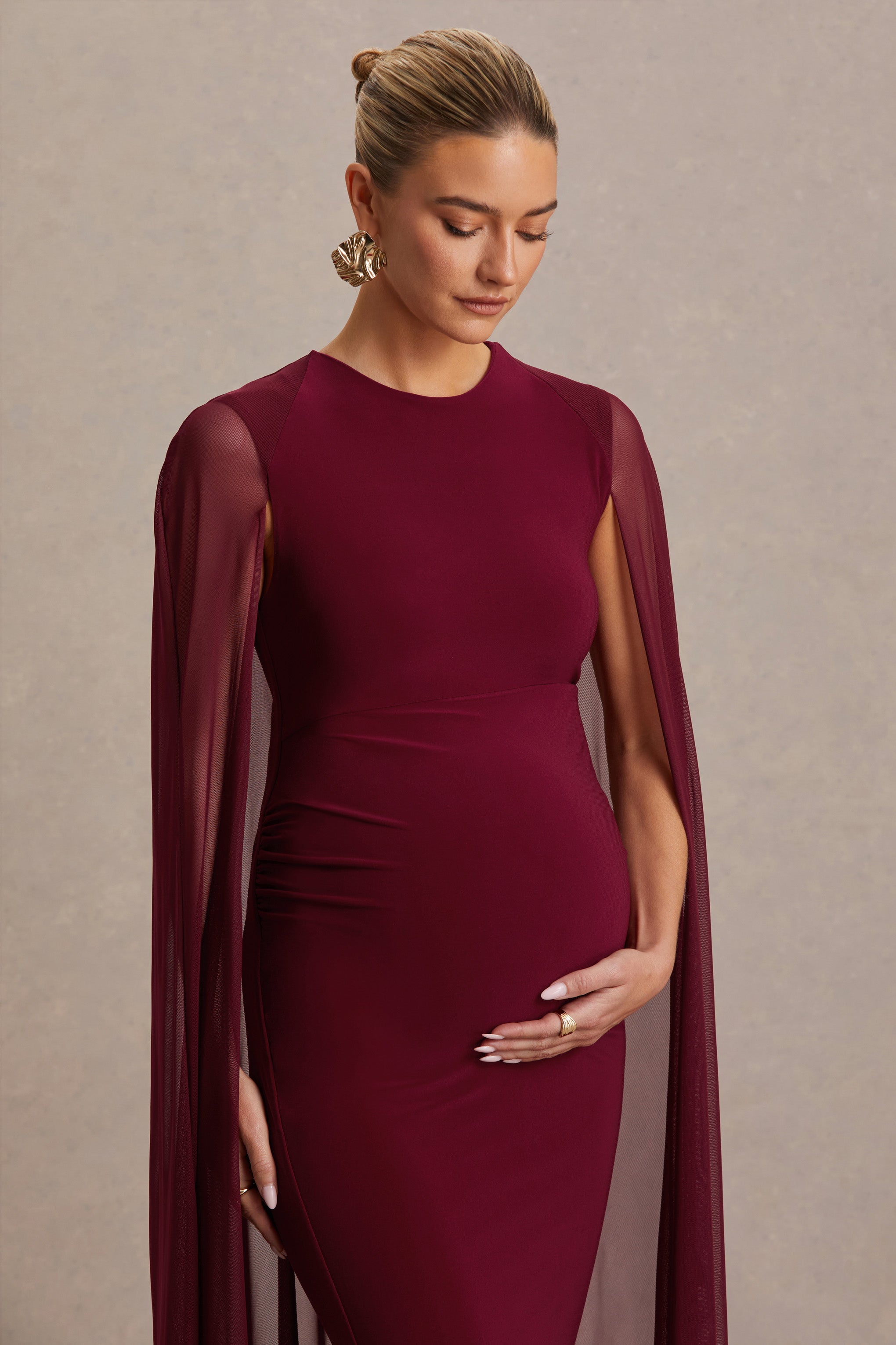 Currant | Berry High-Neck Maternity Maxi Dress With Cape