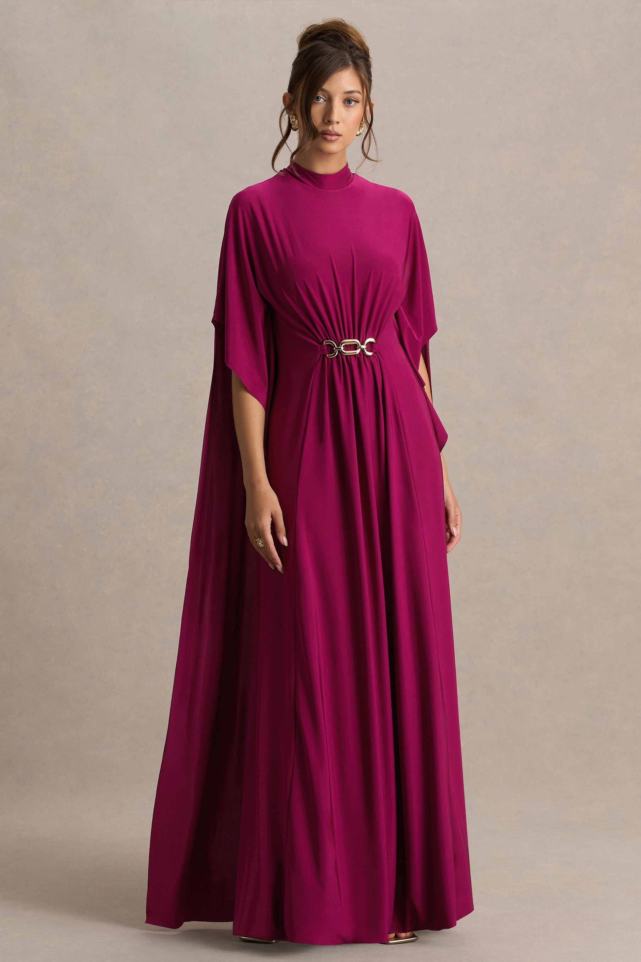Olessia | Burgundy Belted Gathered Cape-Sleeve Maxi Dress