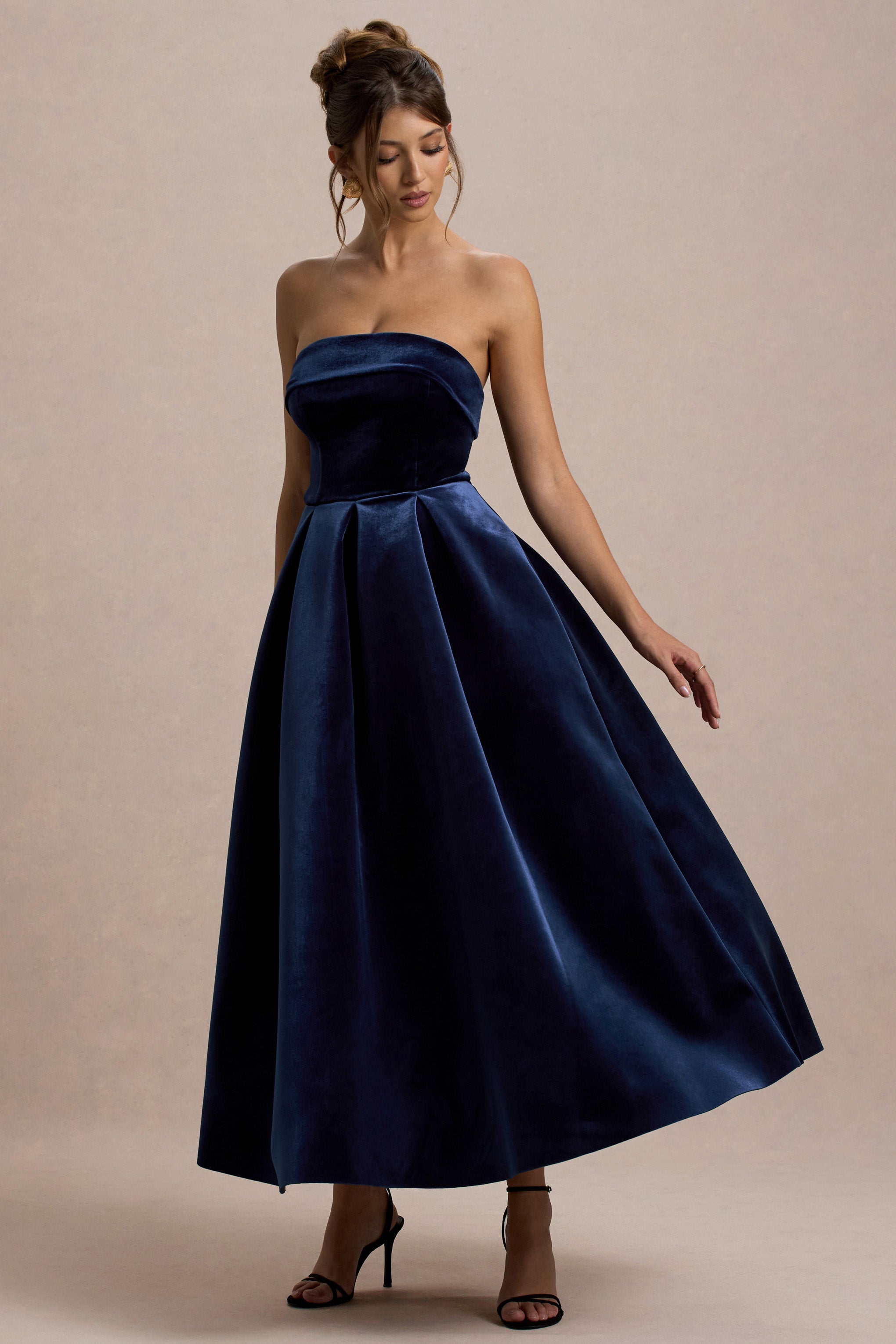 Addina | Navy Velvet Bandeau Skater Midi Dress
