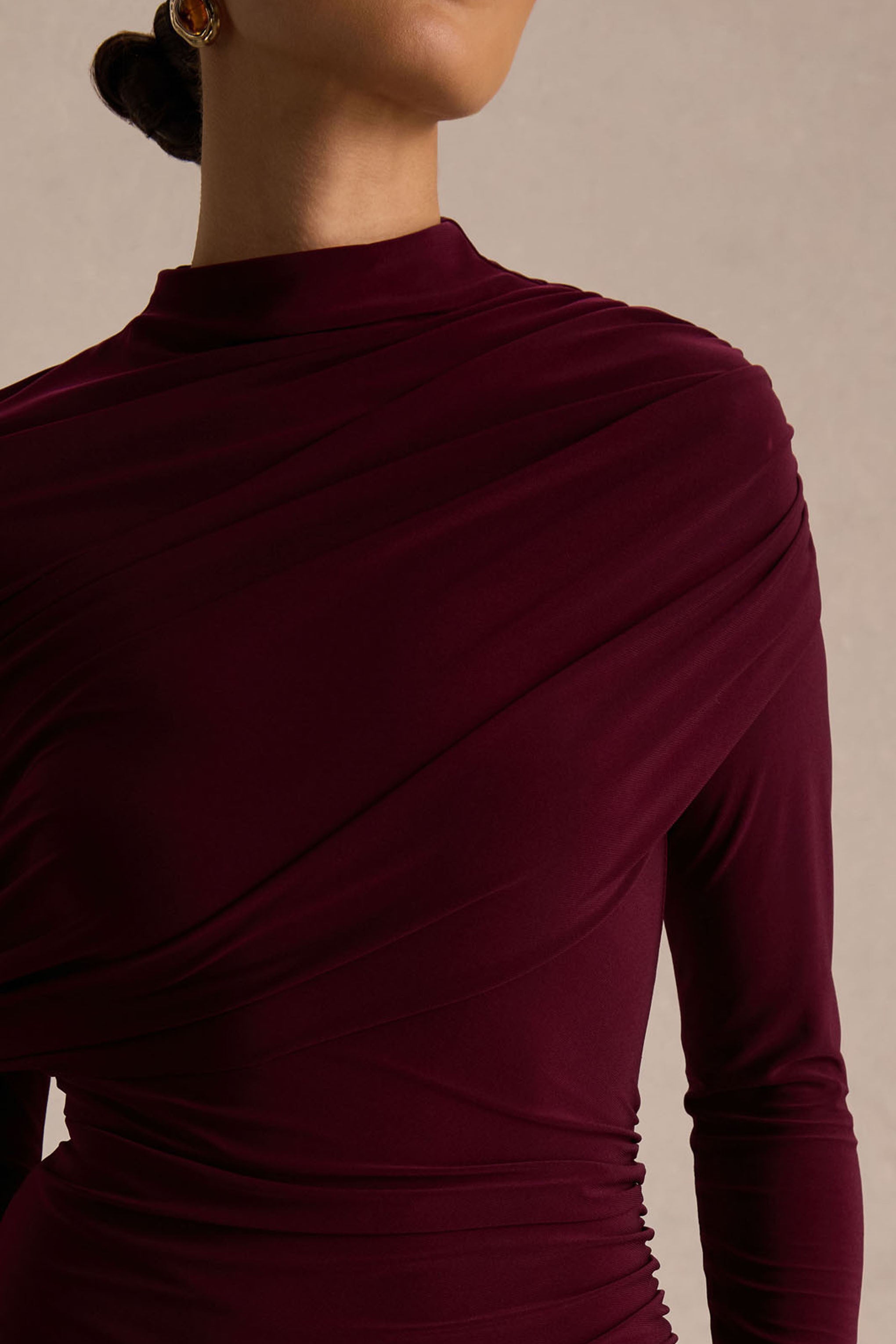 Gatsby | Burgundy High-Neck Maxi Dress With Feather Trim Cuffs