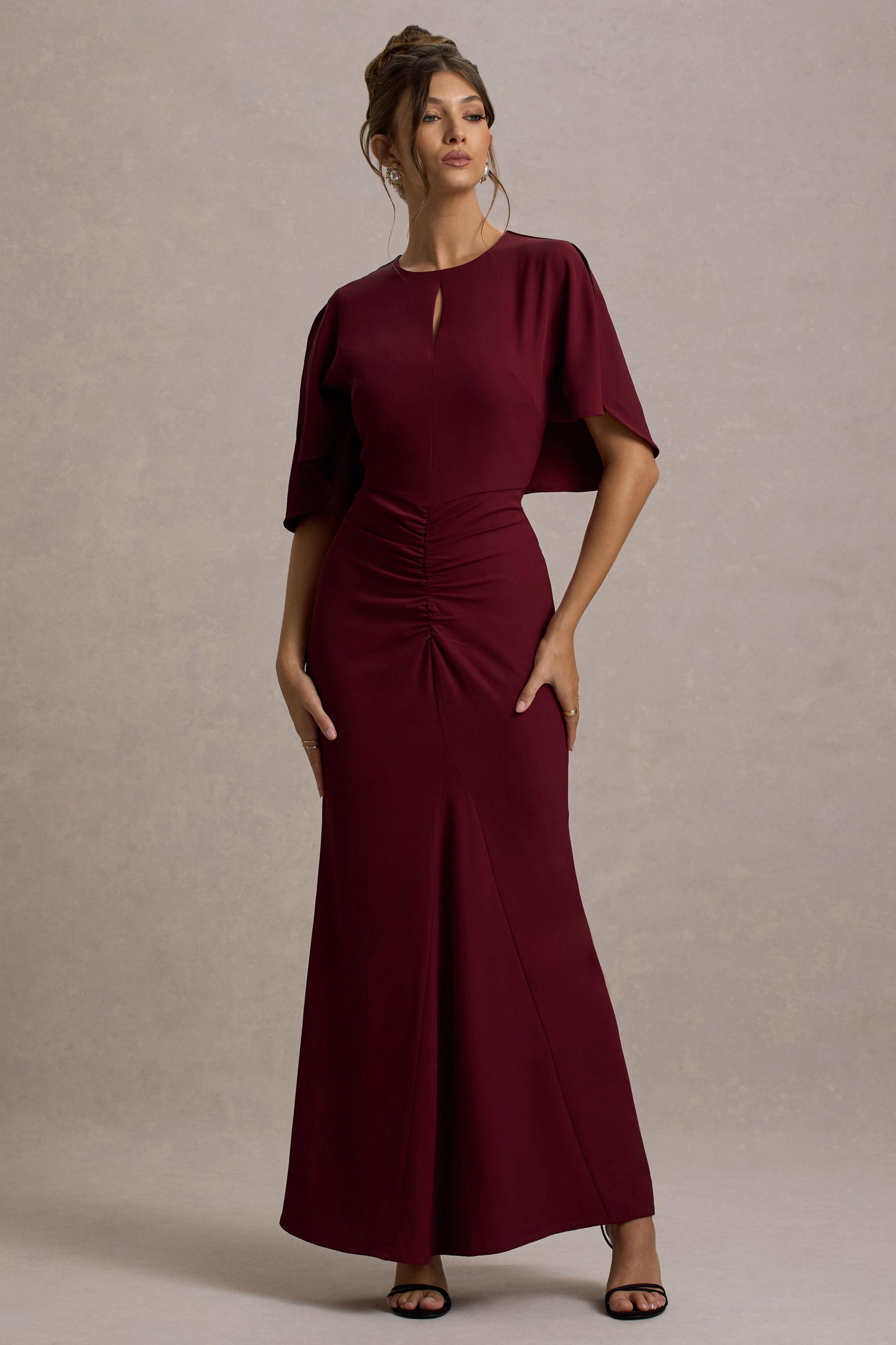 Allison | Berry High-Neck Maxi Dress With Cape