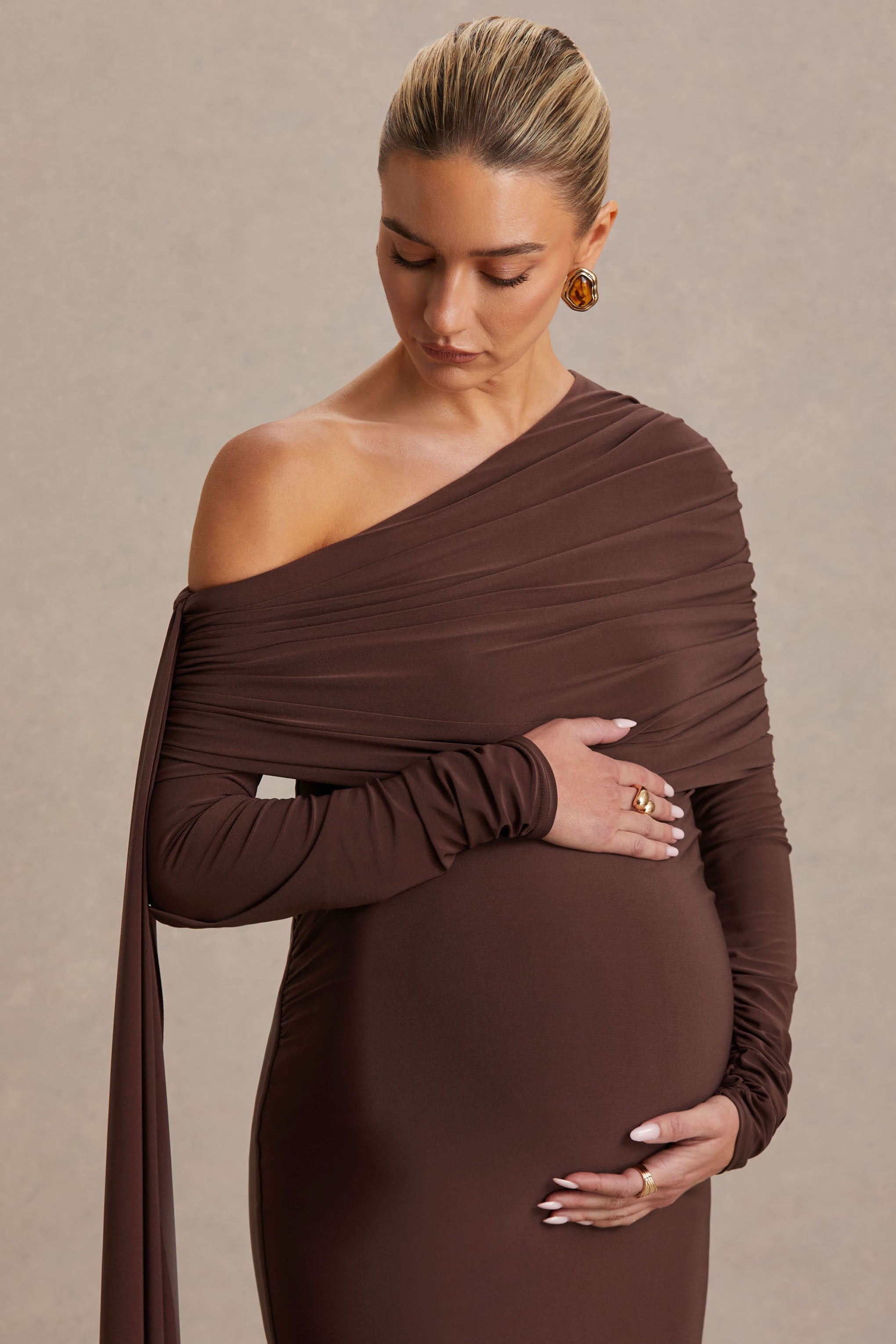 Cyra | Brown Bardot-Neck Maternity Maxi Dress With Sash
