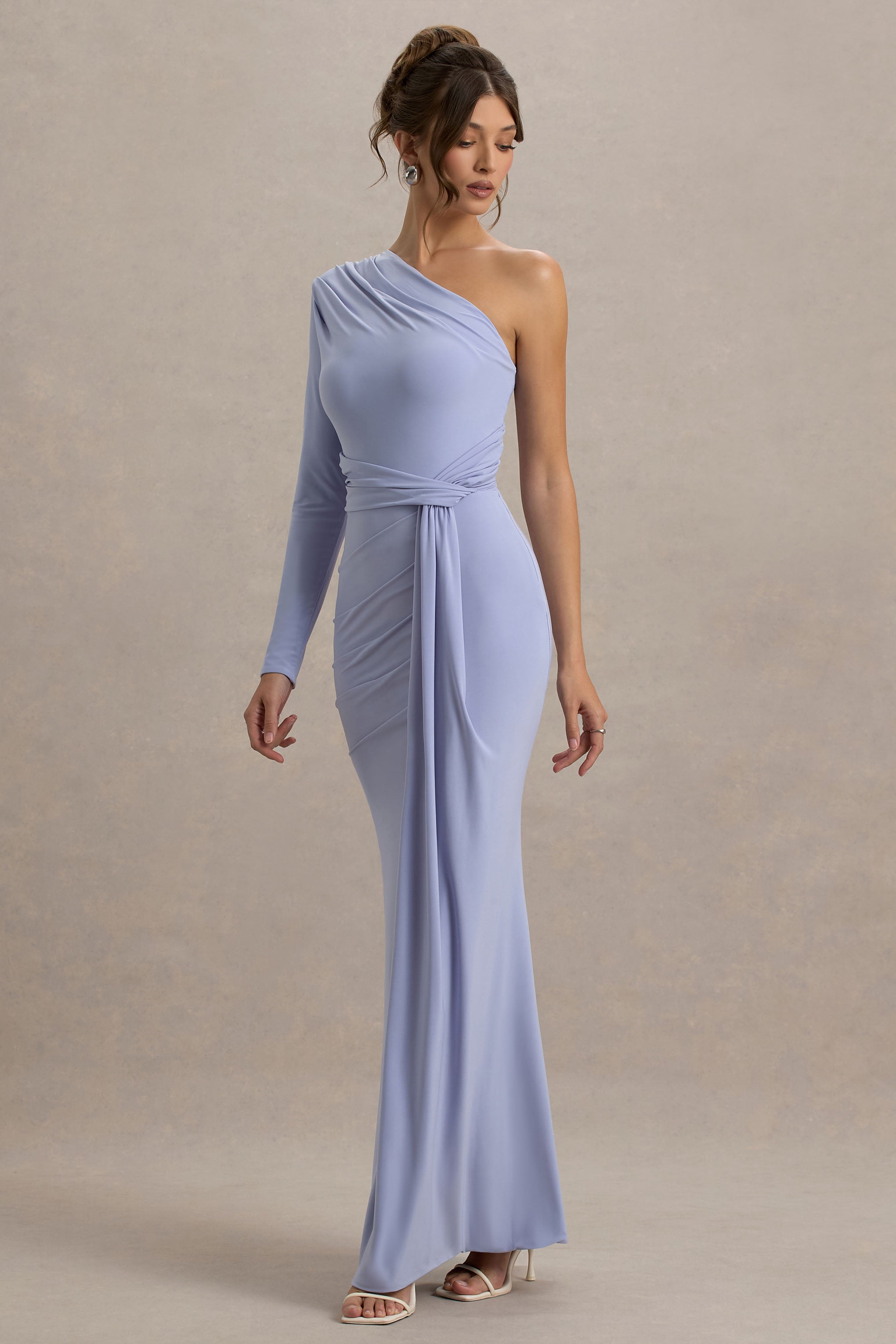 Sanya | Pale Blue Asymmetric One Sleeve Wrap Maxi Dress with Drape