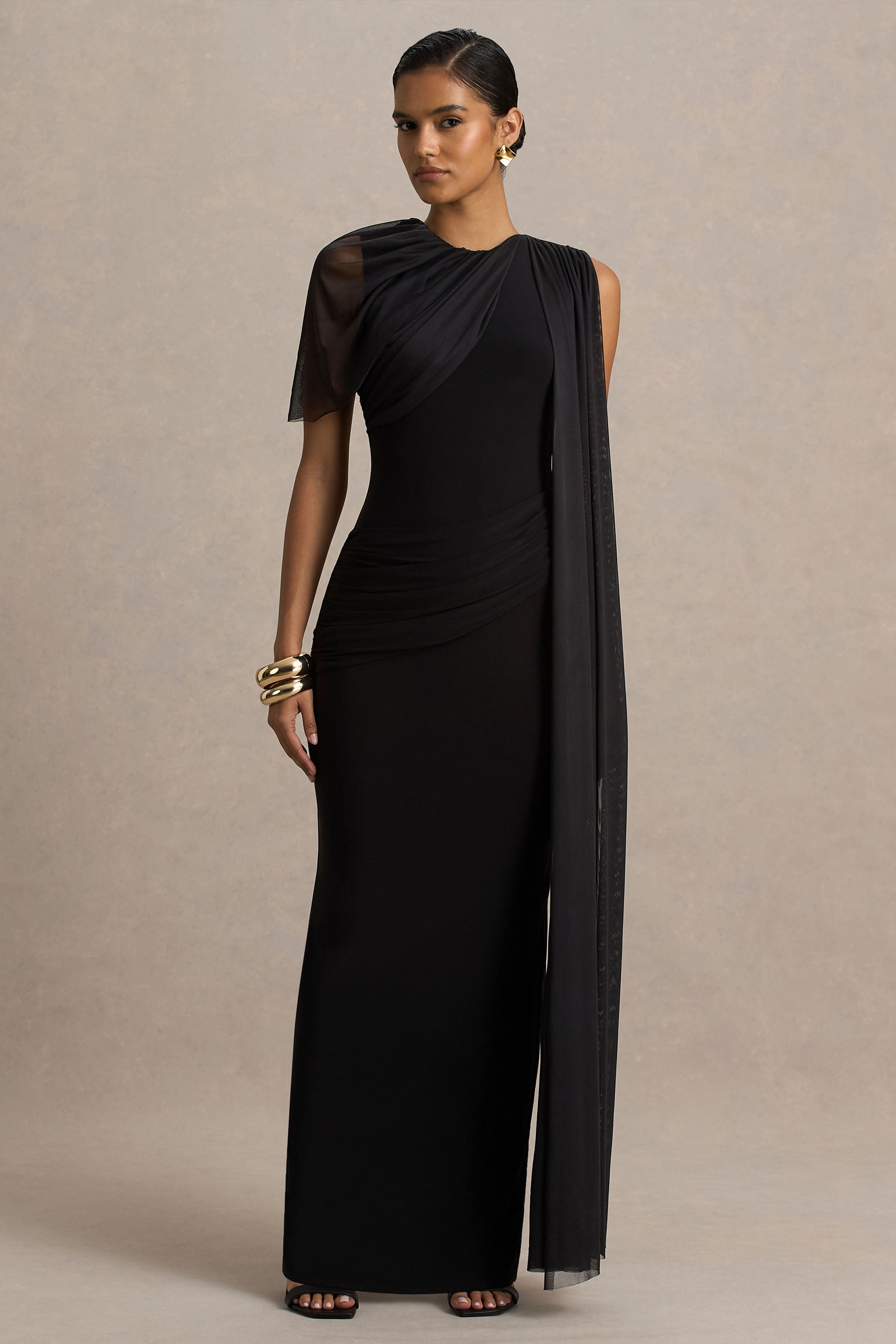Brenda | Black Crew-Neck Maxi Dress With Mesh Cape And Sash