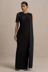 Brenda | Black Crew-Neck Maxi Dress With Mesh Cape And Sash