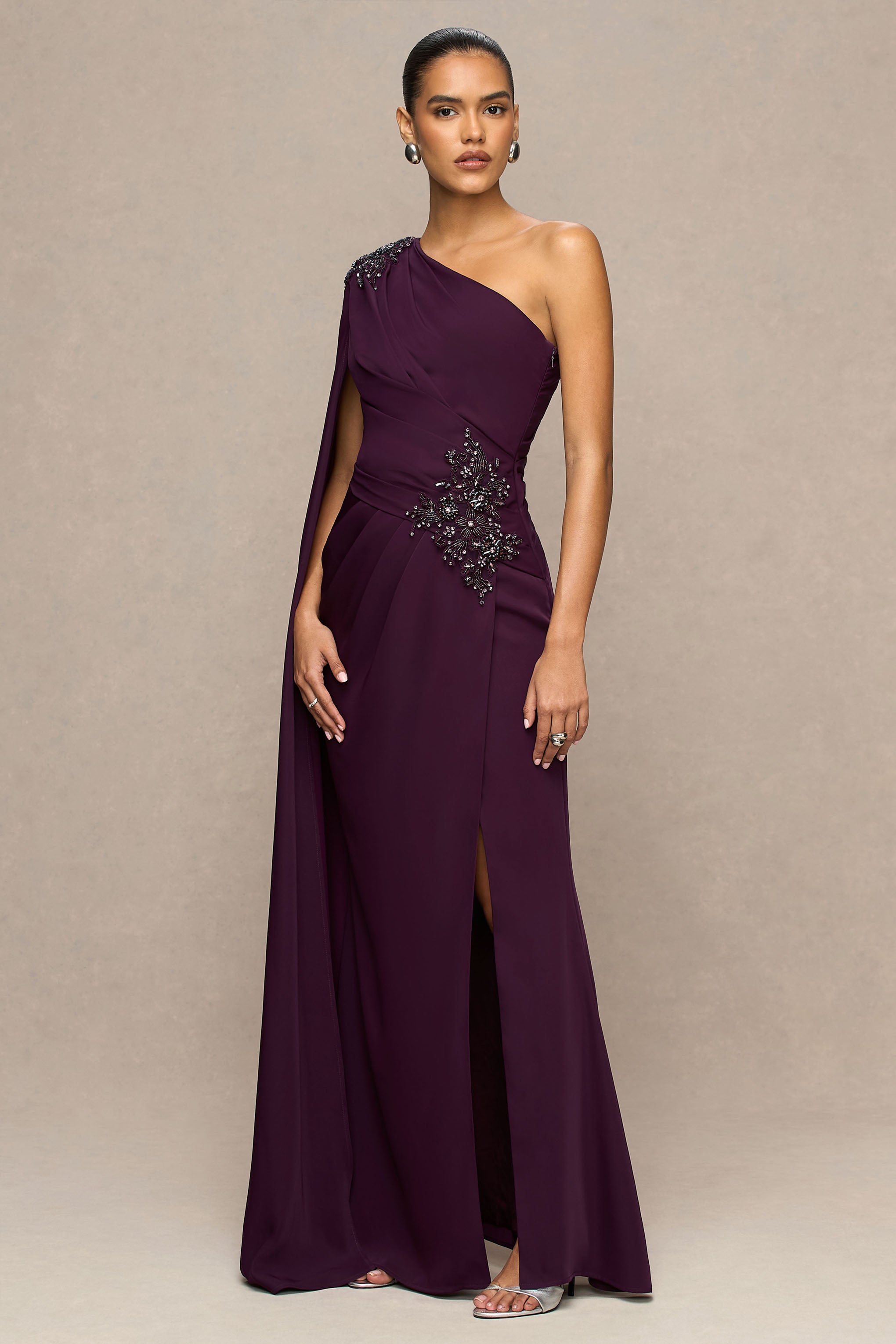 Solace | Dark Plum Asymmetric-Neck Maxi Dress With Front-High Split