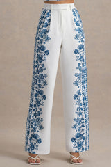 Zelie | Blue Porcelain Print Wide-Leg Trousers
