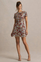 Eira | Red Floral Embellished Sequin Crew-Neck Mini Dress