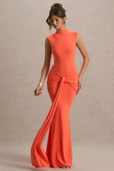 Graziana | Coral High-Neck Gathered Draped Maxi Dress