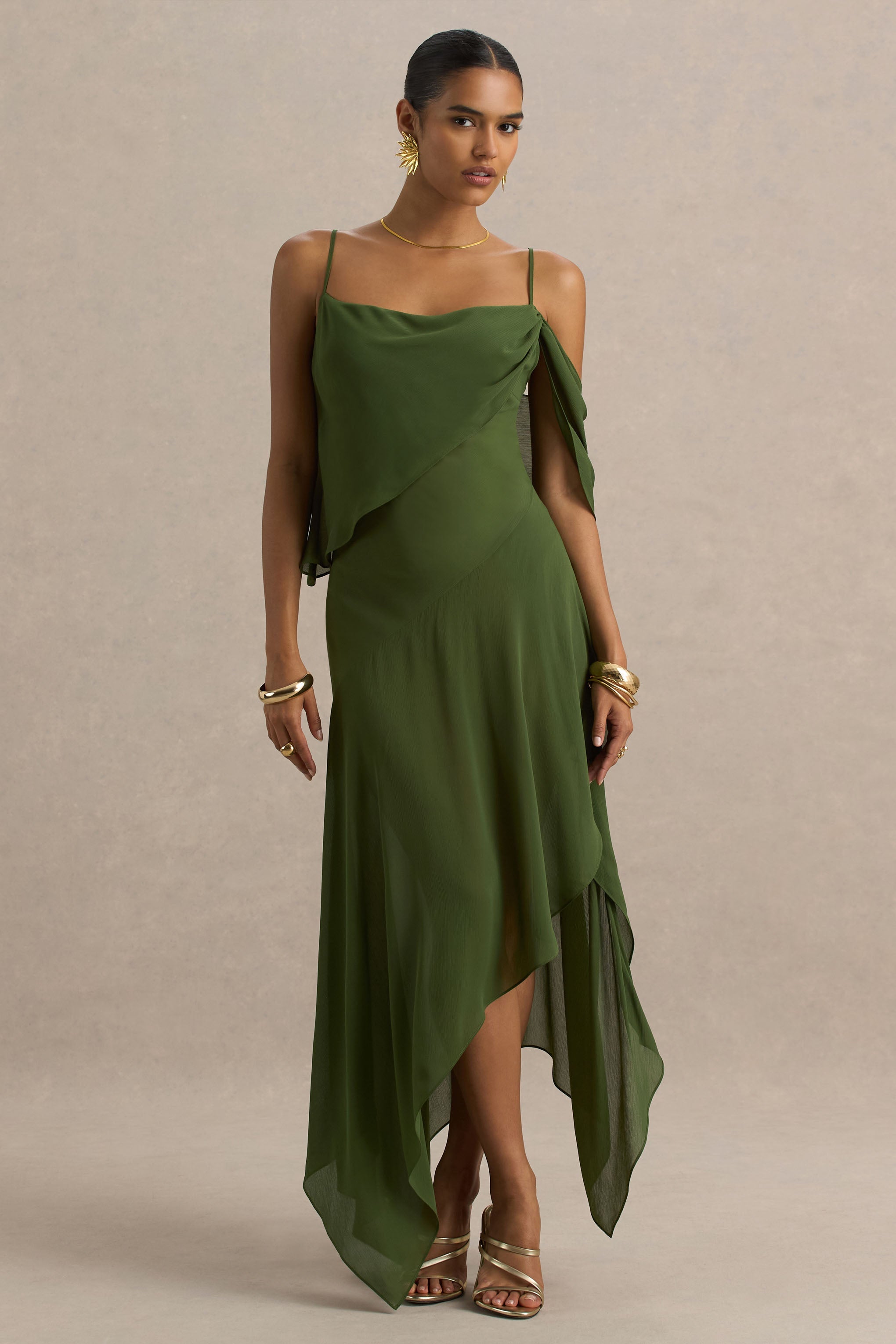 Tiara | Green Asymmetric Midi Dress With Draping Detailing and Open-Back