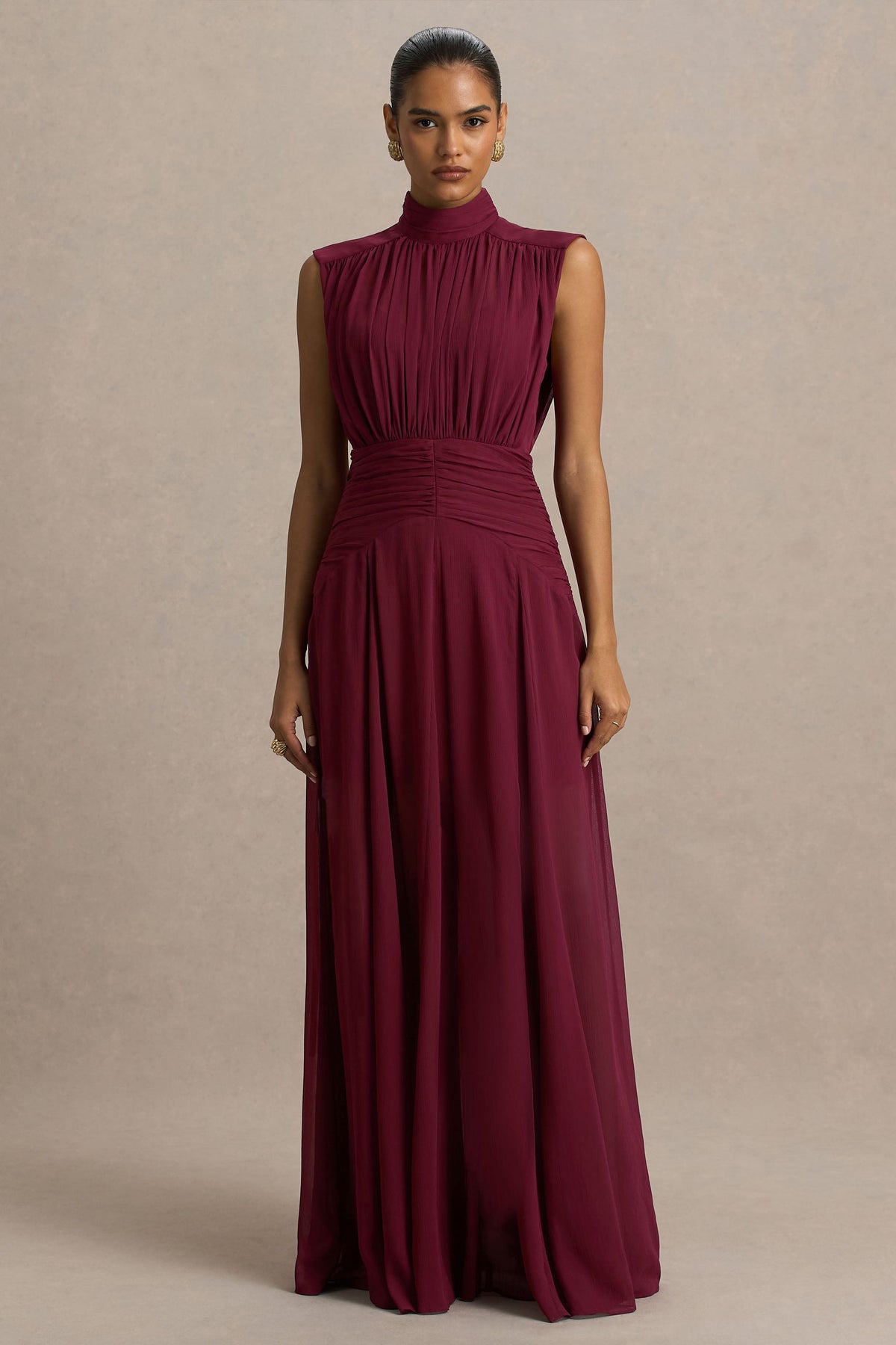 Melanina | Burgundy High-Neck Maxi Dress With Ruched Detailing