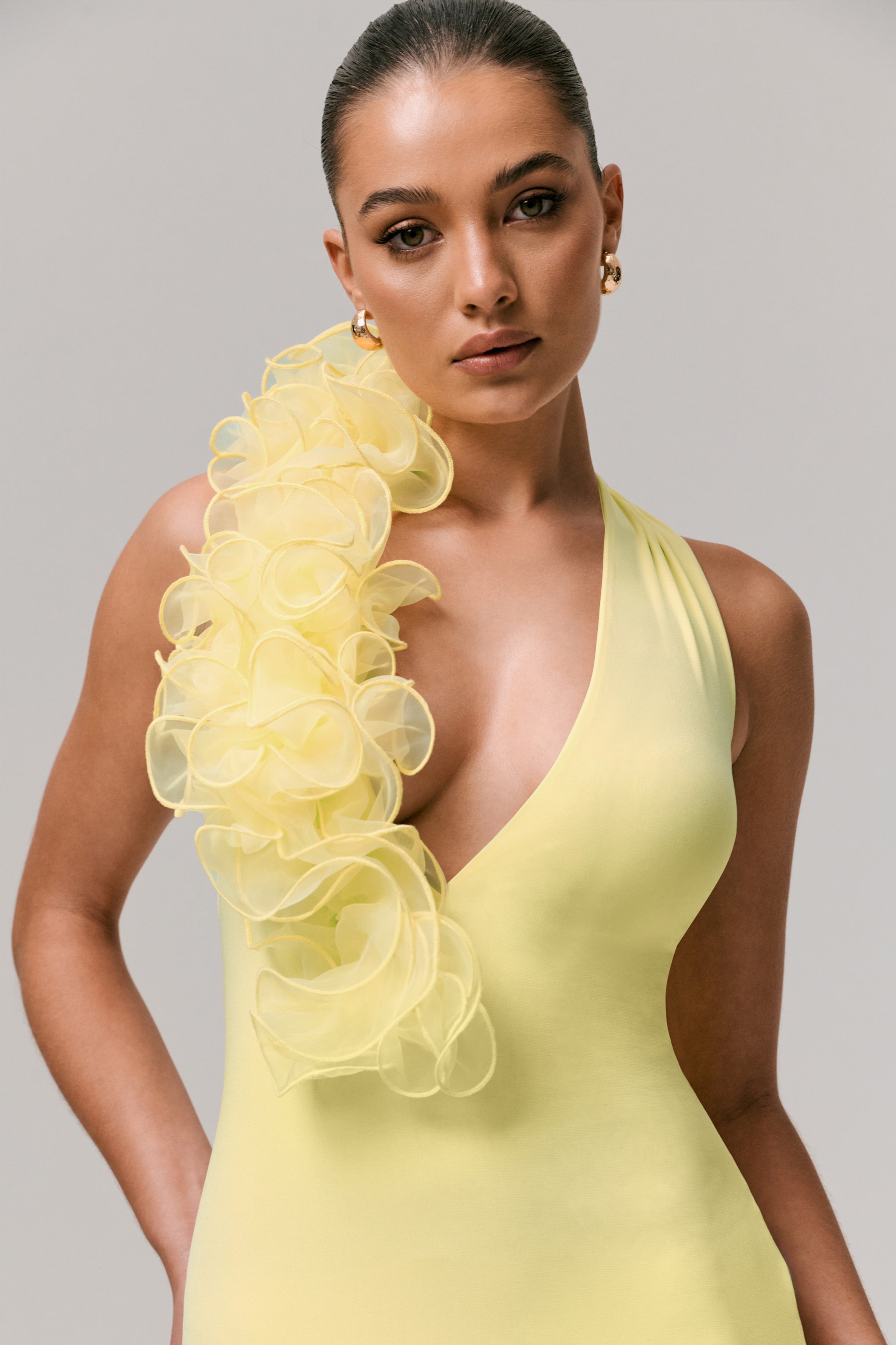 Harriet | Lemon Plunge-Neck Maxi Dress With Floral Detail