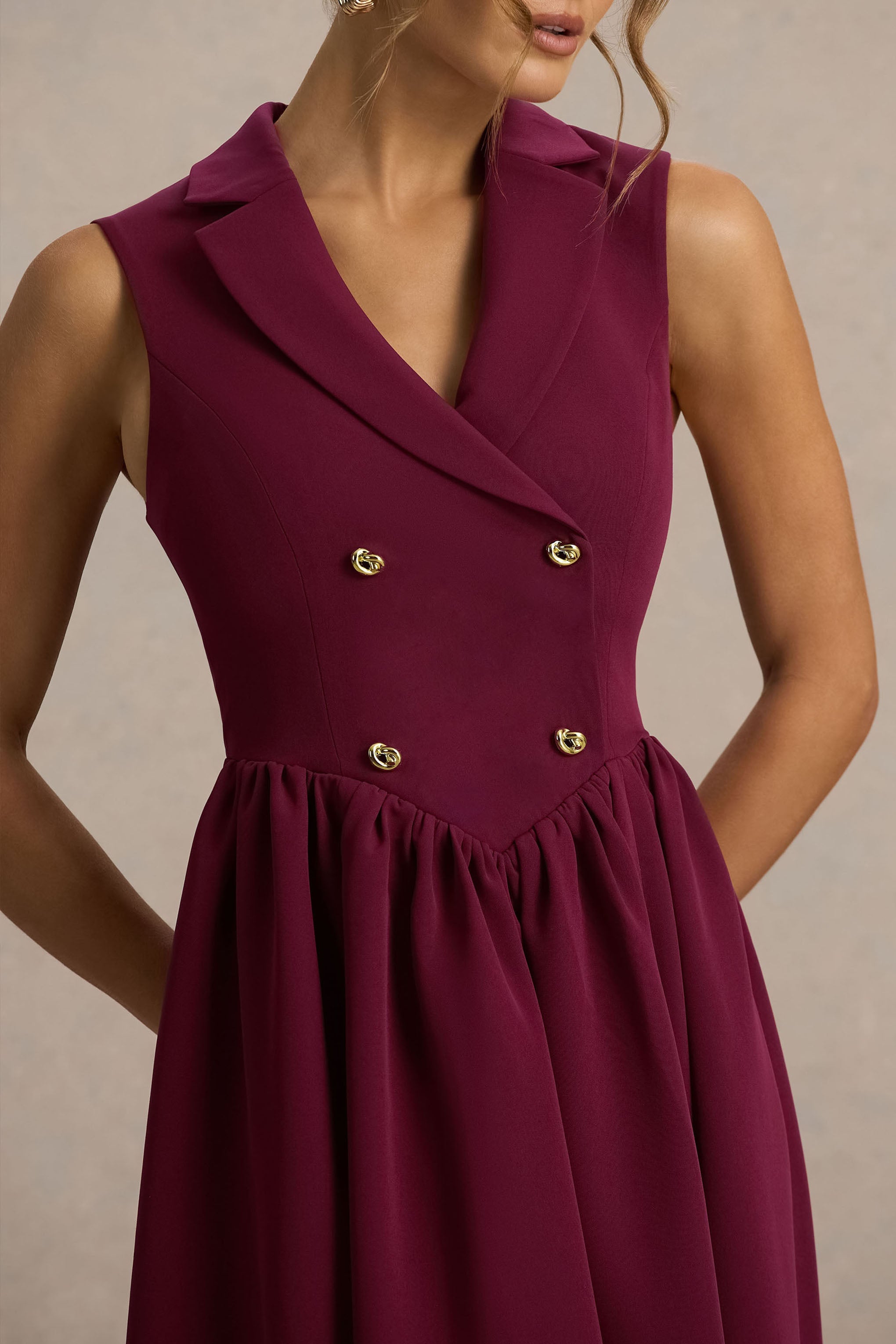 Lisa | Burgundy Plunge-Neck Tailored Midi Dress With Button-Detailing