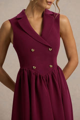 Lisa | Burgundy Plunge-Neck Tailored Midi Dress With Button-Detailing